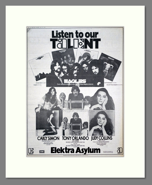 Eagles / Carly Simon / Tony Orlando / Judy Collins - Various Albums (Elektra). Vintage Advert 1975 (ref AD20273)
