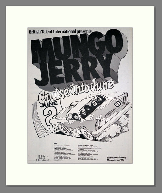 Mungo Jerry - Cruise Into June UK Tour. Vintage Advert 1974 (ref AD20317)