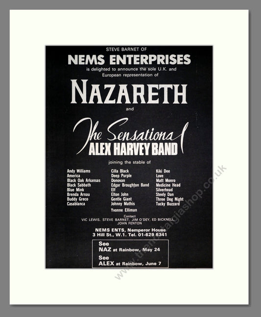 Nazareth / Alex Harvey - NEMS Enterprises Signing. Vintage Advert 1974 (ref AD20340)