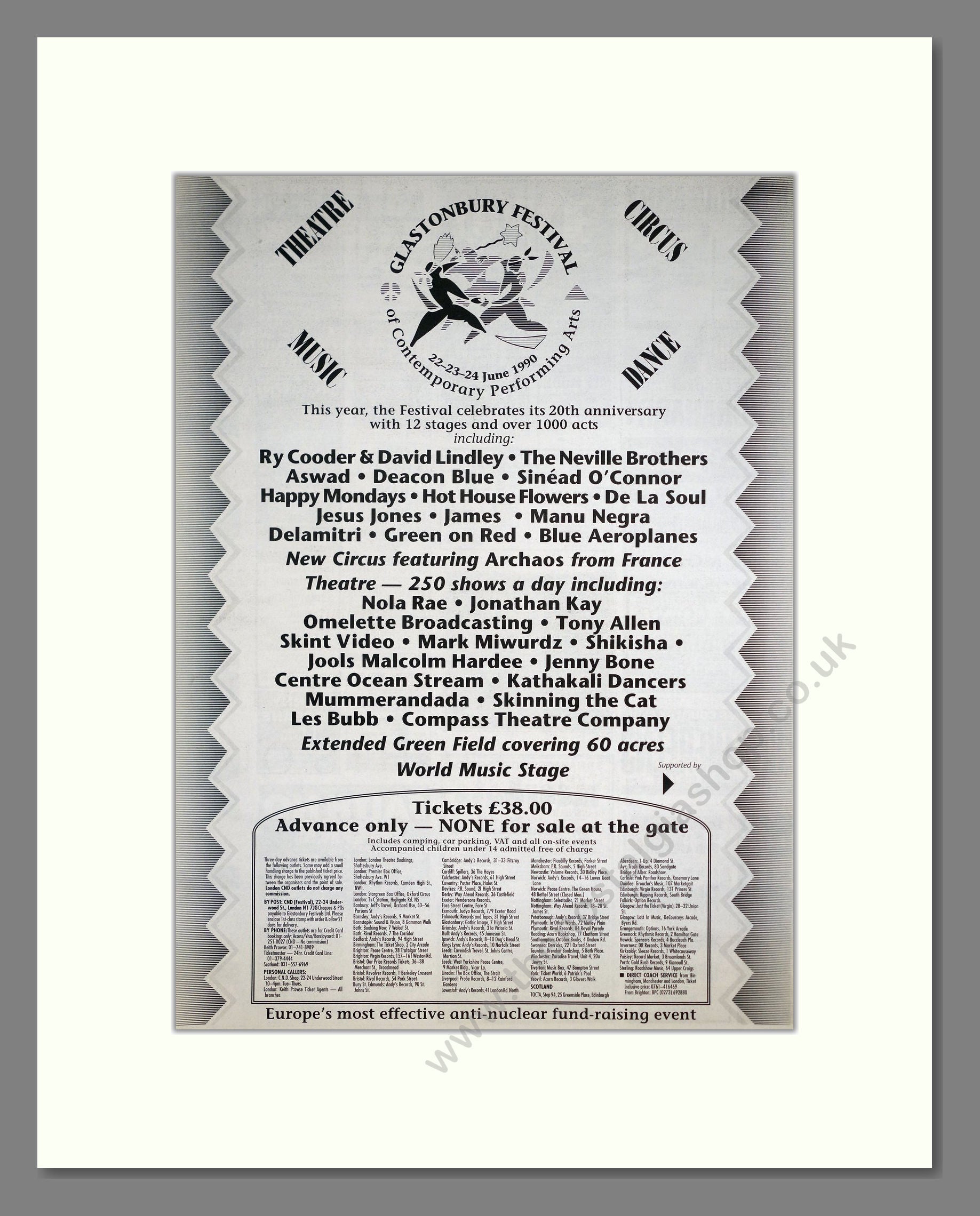 Glastonbury Festival - Line Up. Vintage Advert 1990 (ref AD20373)