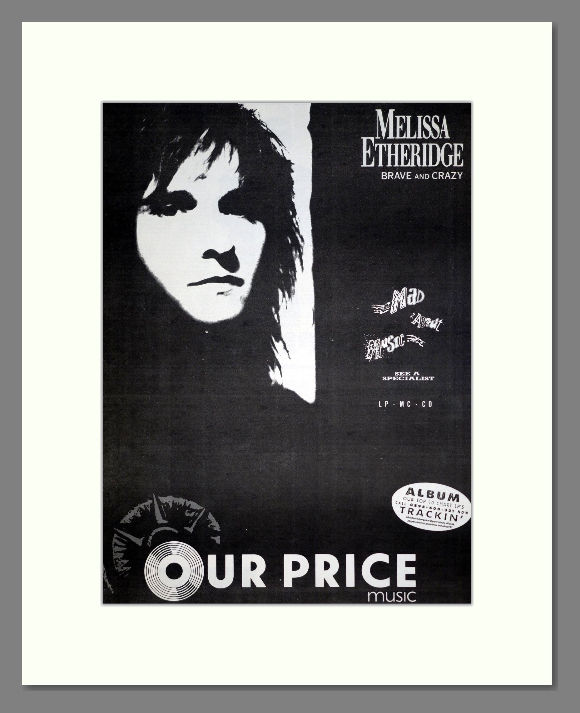 Melissa Etheridge - Brave And Crazy. Vintage Advert 1989 (ref AD20377)