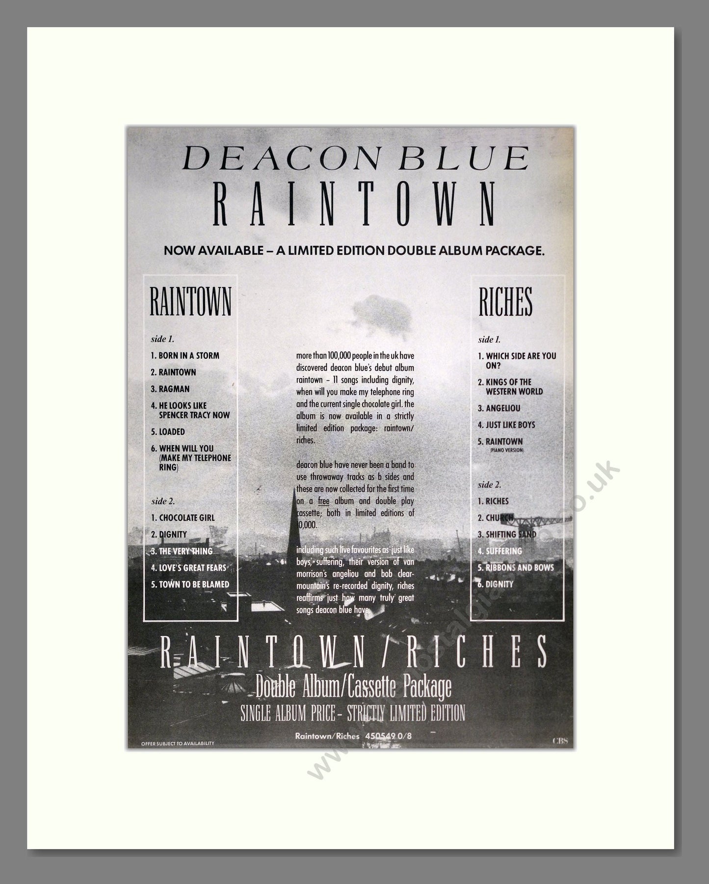 Deacon Blue - Raintown. Vintage Advert 1988 (ref AD20382)