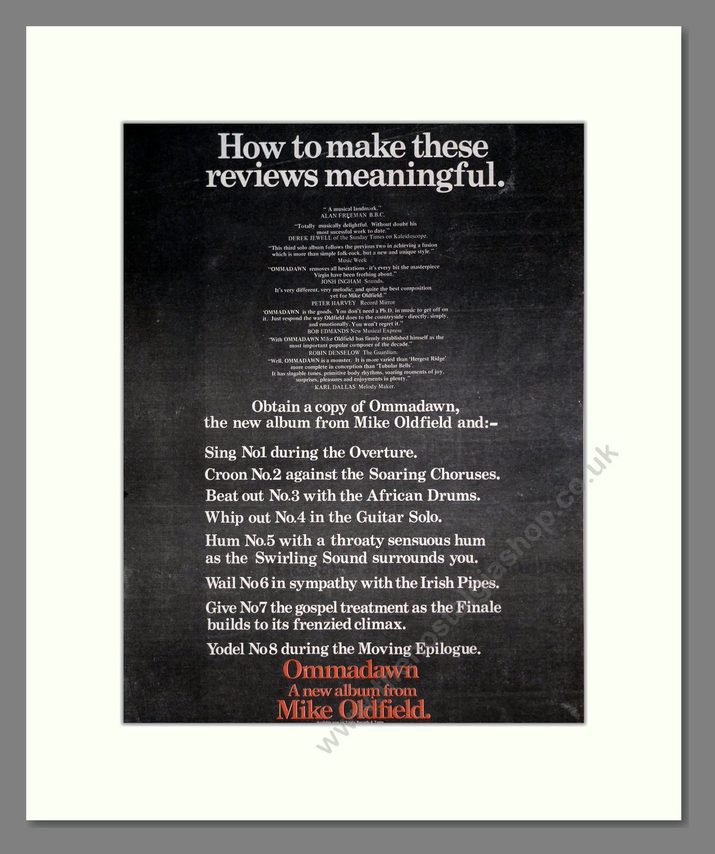 Mike Oldfield - Ommadawn. Vintage Advert 1975 (ref AD20397)