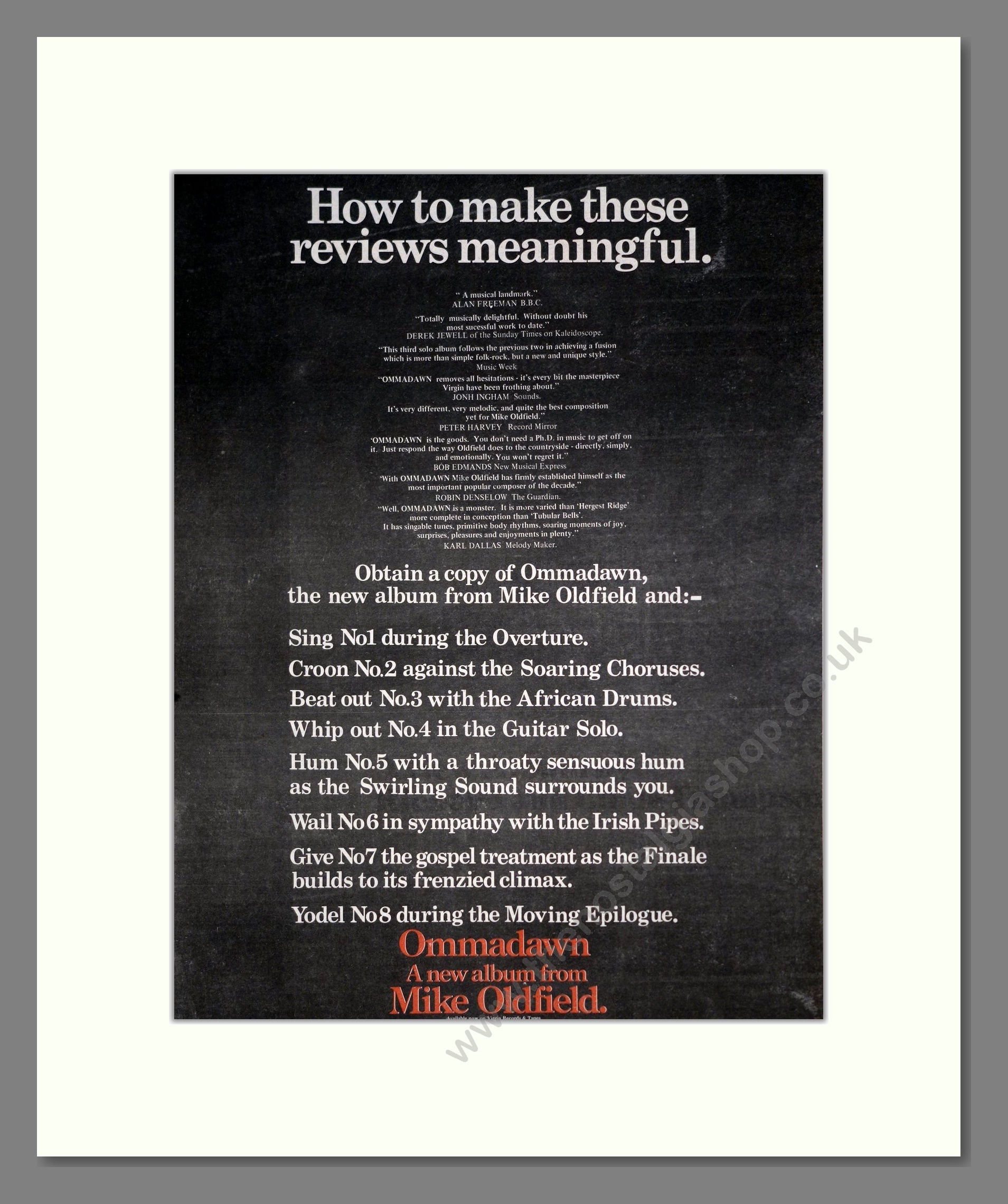 Mike Oldfield - Ommadawn. Vintage Advert 1975 (ref AD20397)