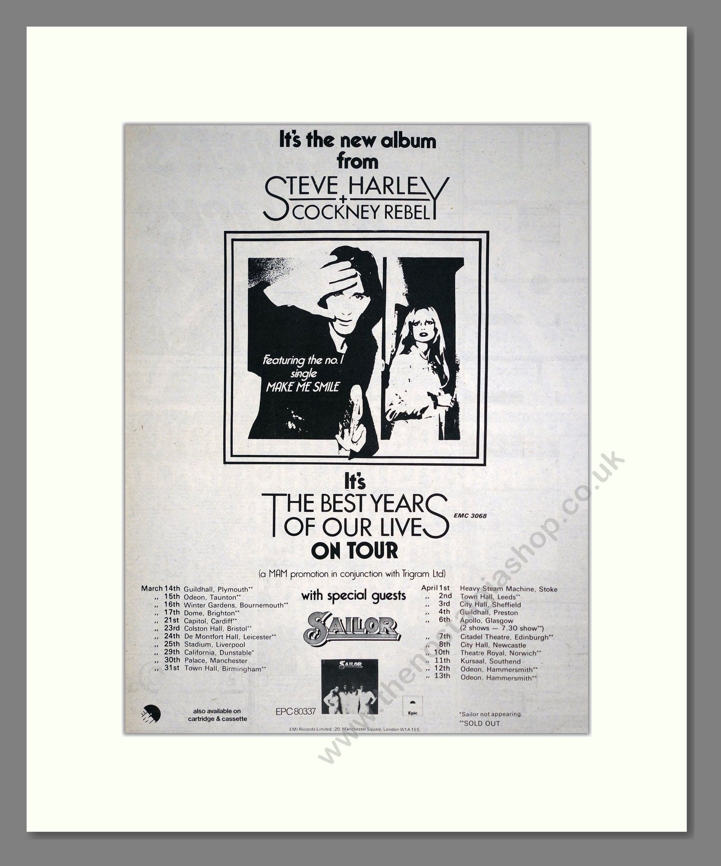 Steve Harley Cockney Rebel - UK Tour. Vintage Advert 1975 (ref AD20409)