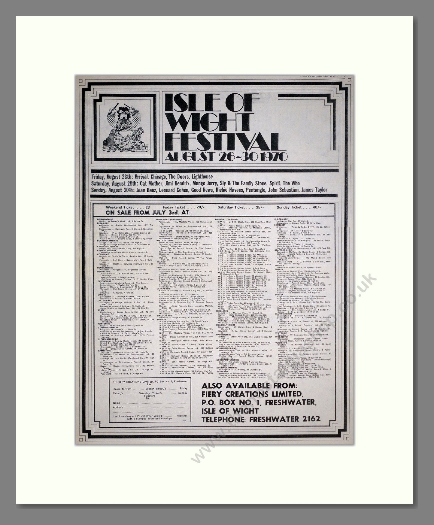 Isle Of Wight Festival - Line Up. Vintage Advert 1970 (ref AD20429)