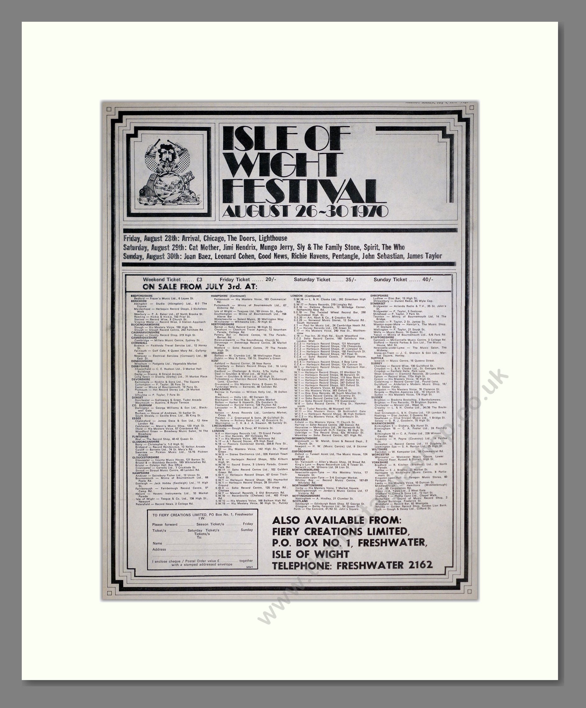 Isle Of Wight Festival - Line Up. Vintage Advert 1970 (ref AD20429)