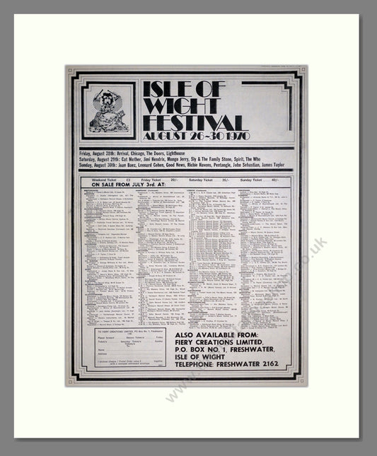 Isle Of Wight Festival - Line Up. Vintage Advert 1970 (ref AD20429)