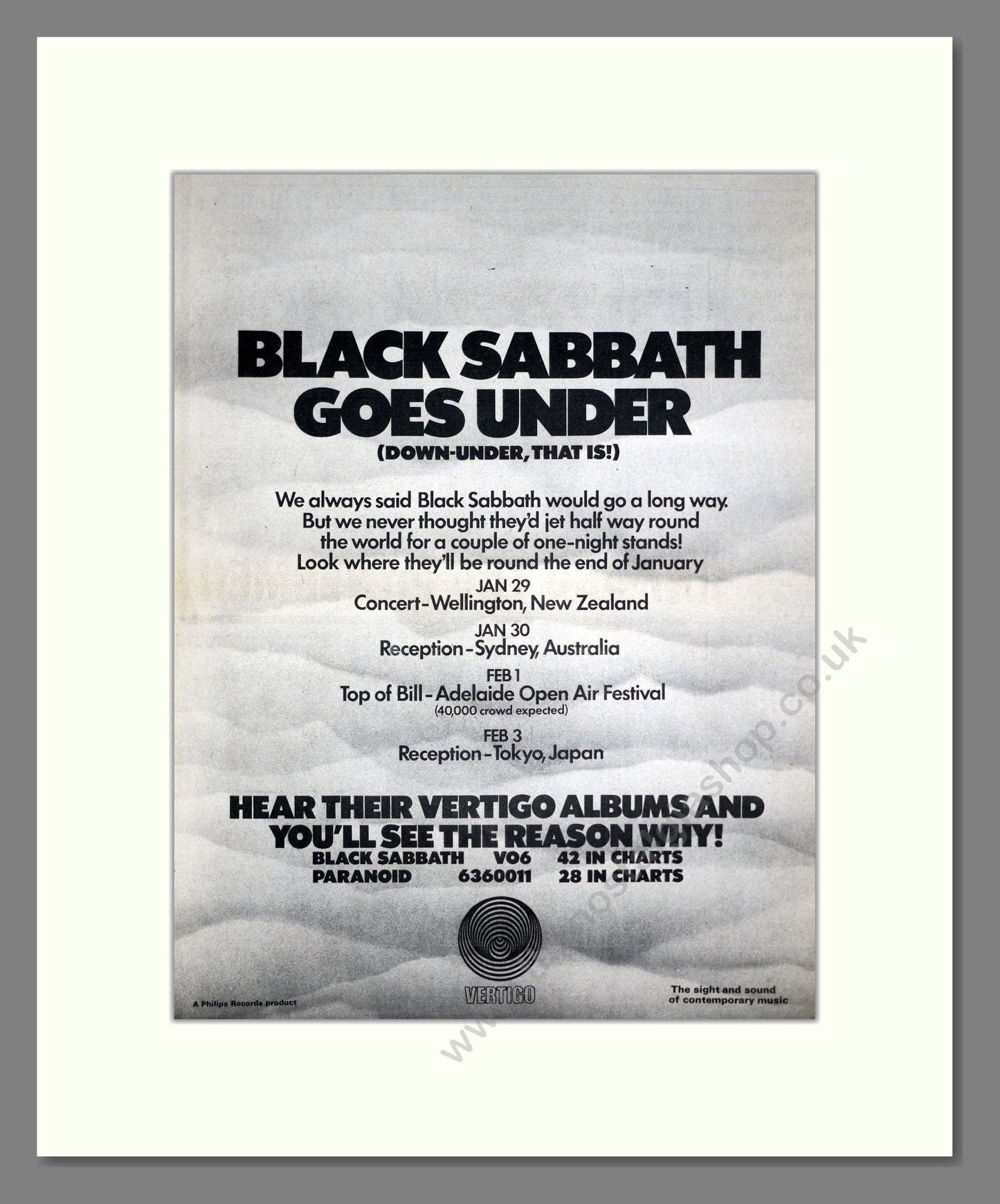 Black Sabbath - Down Under Tour. Vintage Advert 1971 (ref AD20447)