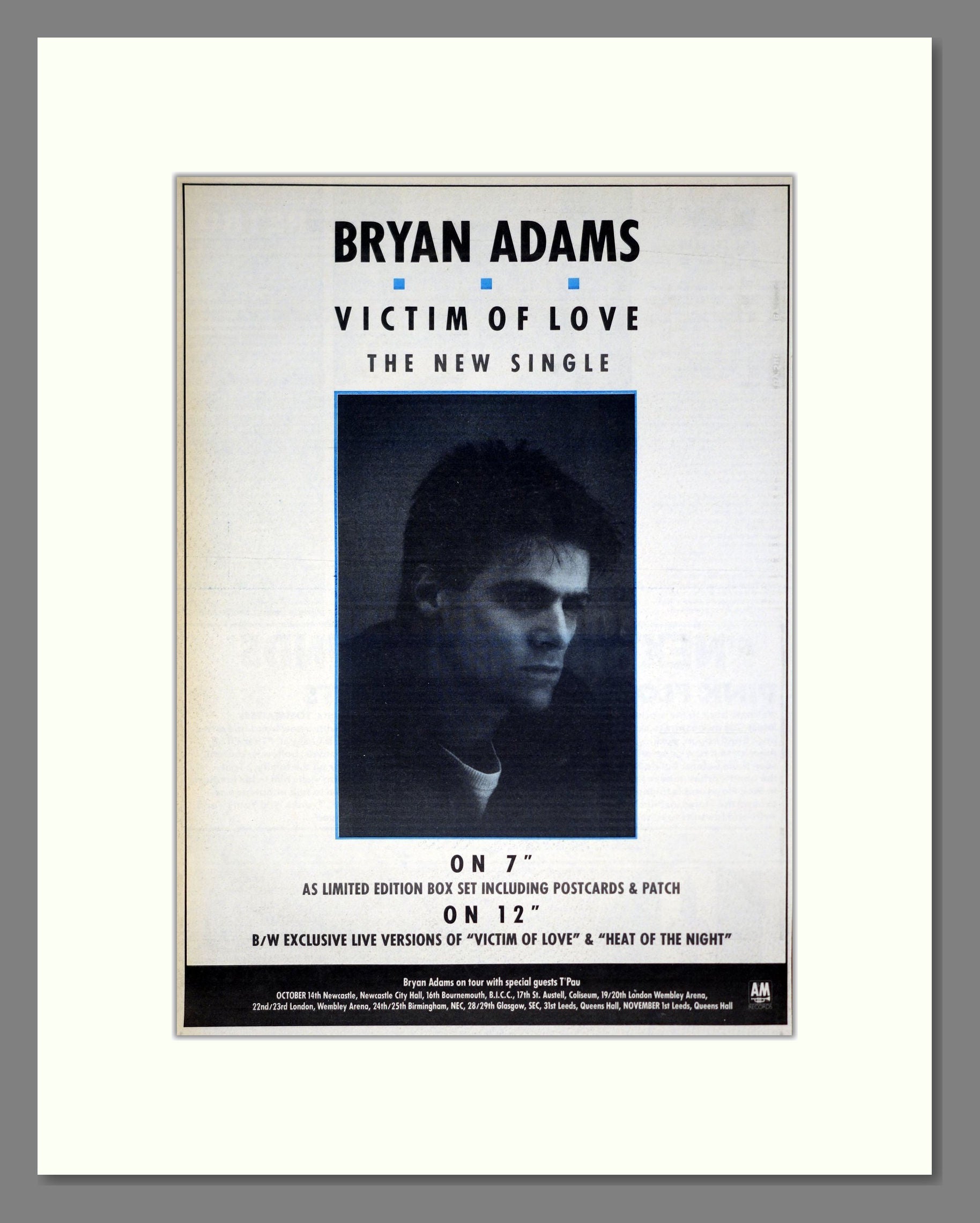 Bryan Adams - Victim Of Love. Vintage Advert 1987 (ref AD20485)