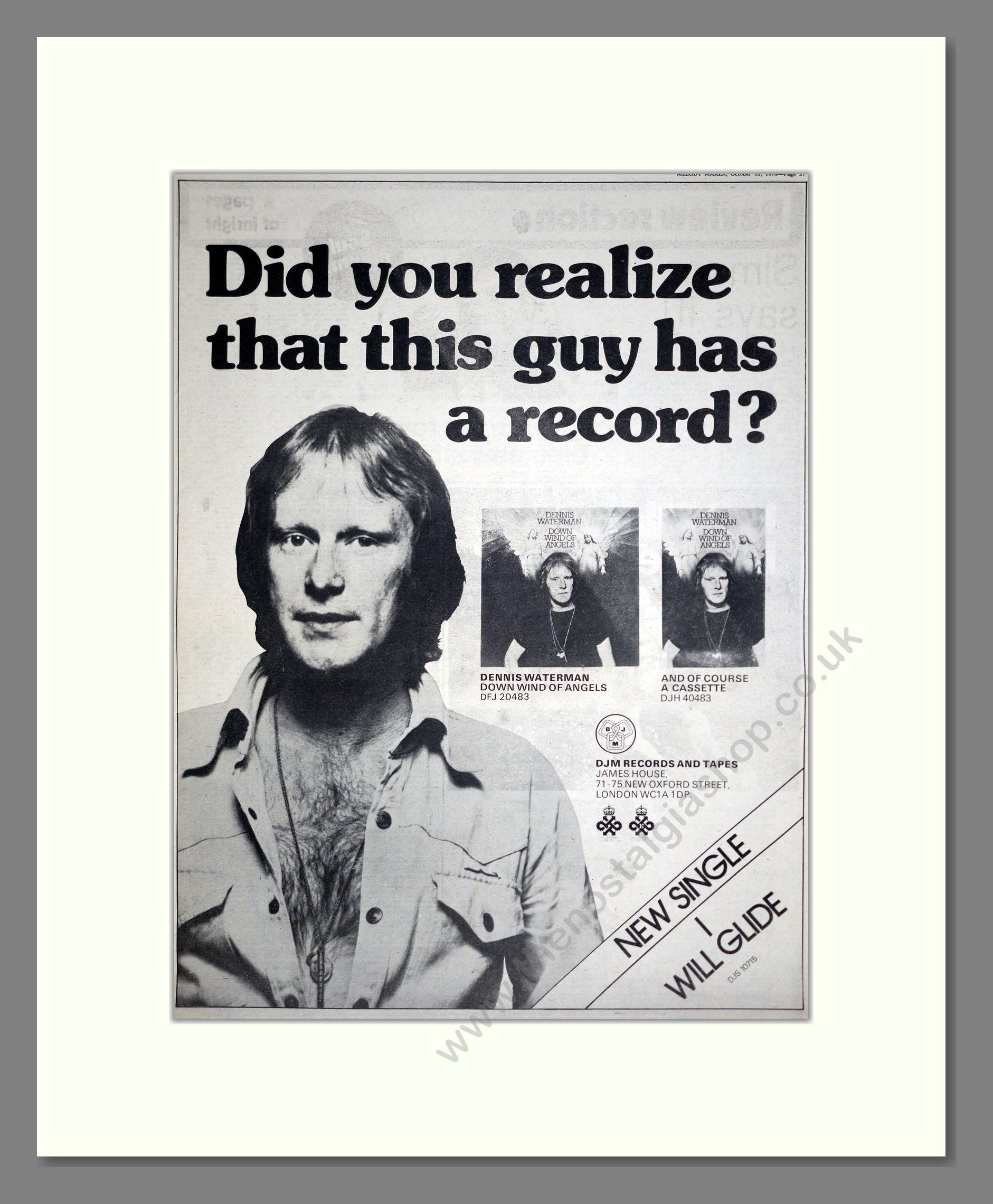 Dennis Waterman - Down Wind Of Angels. Vintage Advert 1976 (ref AD20503)