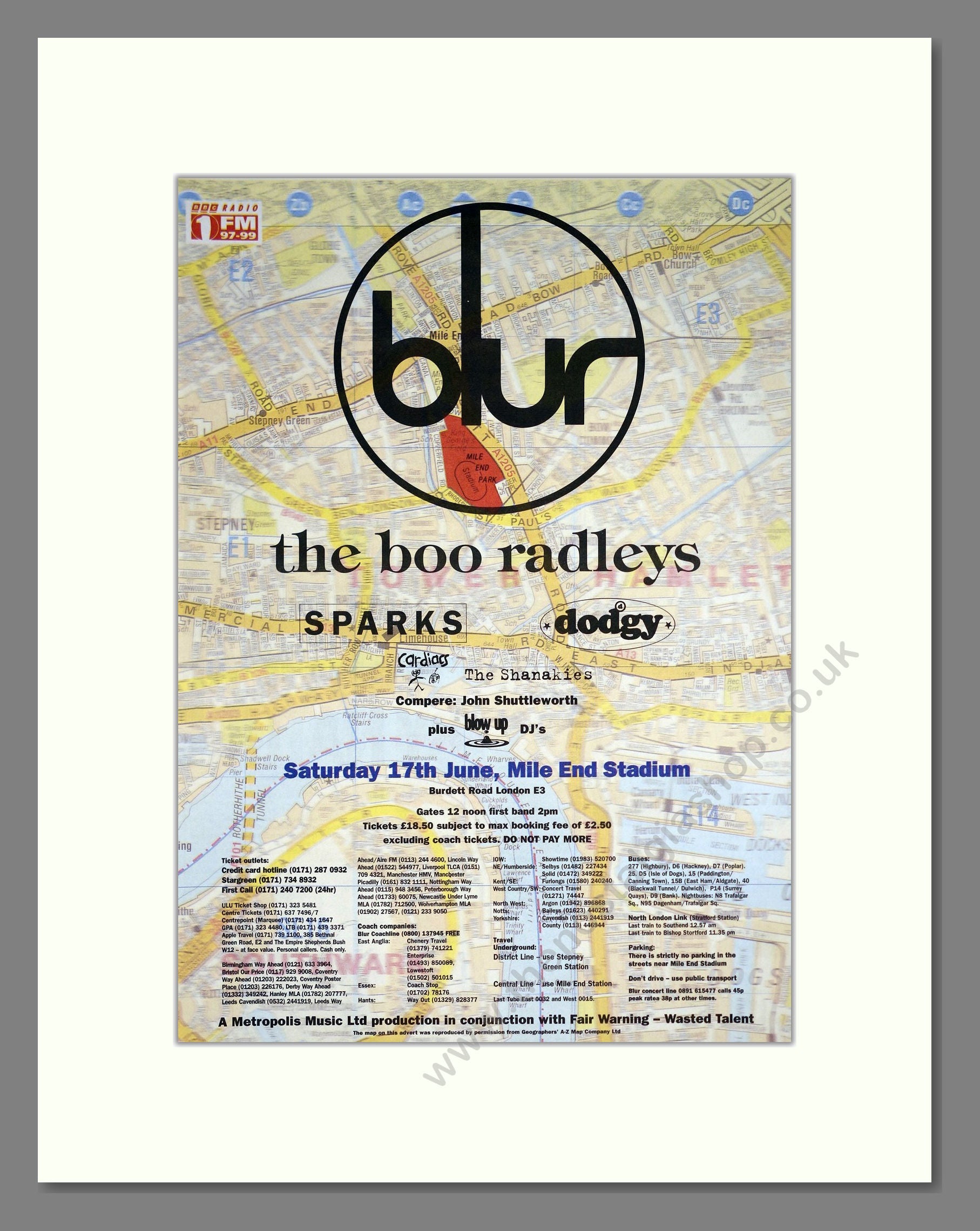 Blur - Live At Mile End Stadium. Vintage Advert 1995 (ref AD20533)