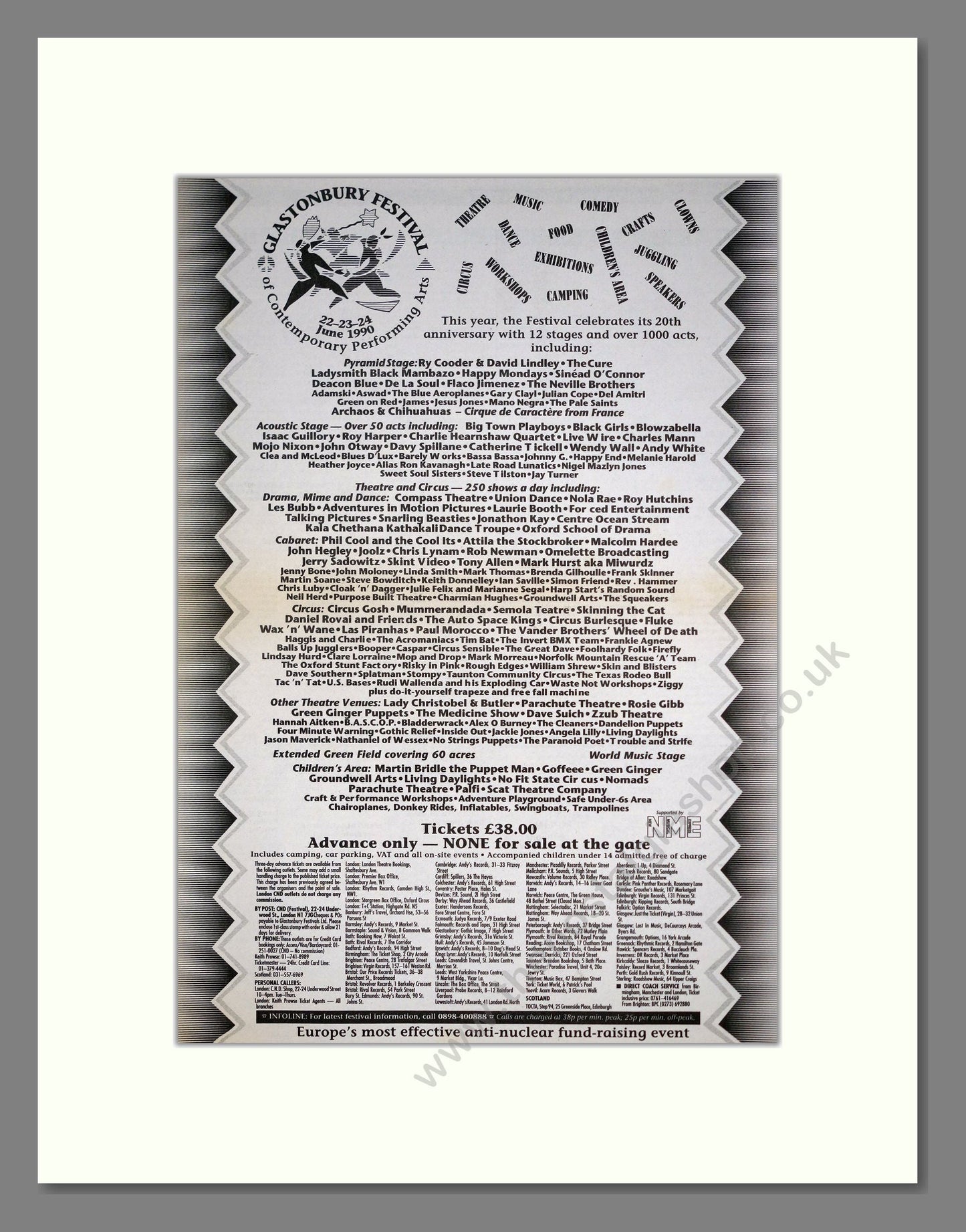 Glastonbury Festival - Line Up. Vintage Advert 1990 (ref AD20536)