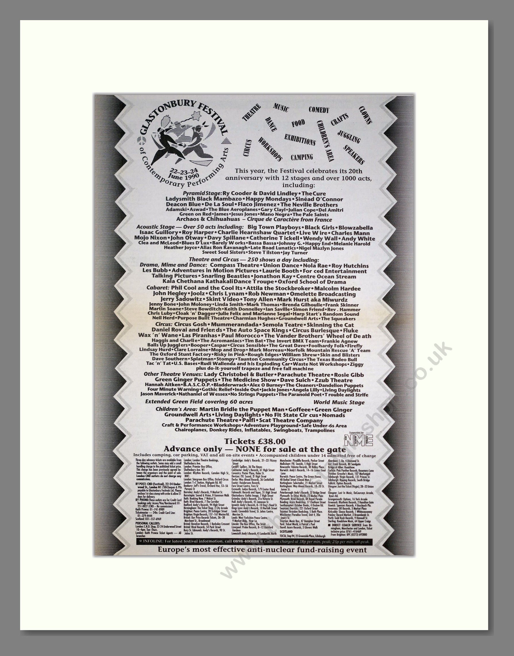 Glastonbury Festival - Line Up. Vintage Advert 1990 (ref AD20536)