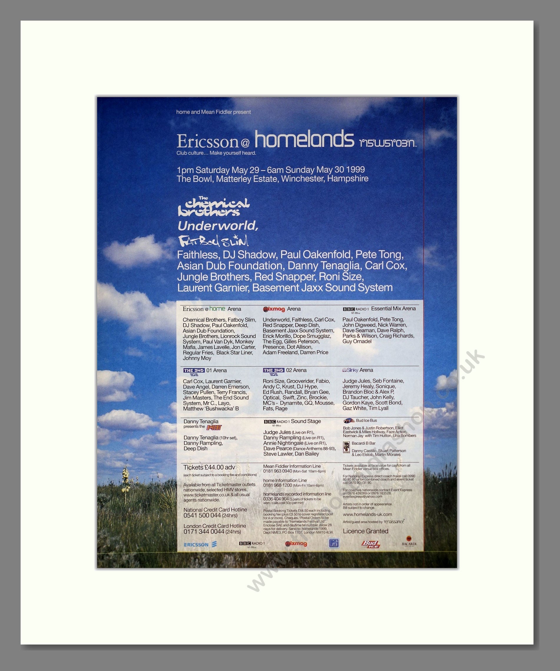 Homelands Festival - Line Up. Vintage Advert 1999 (ref AD20538)