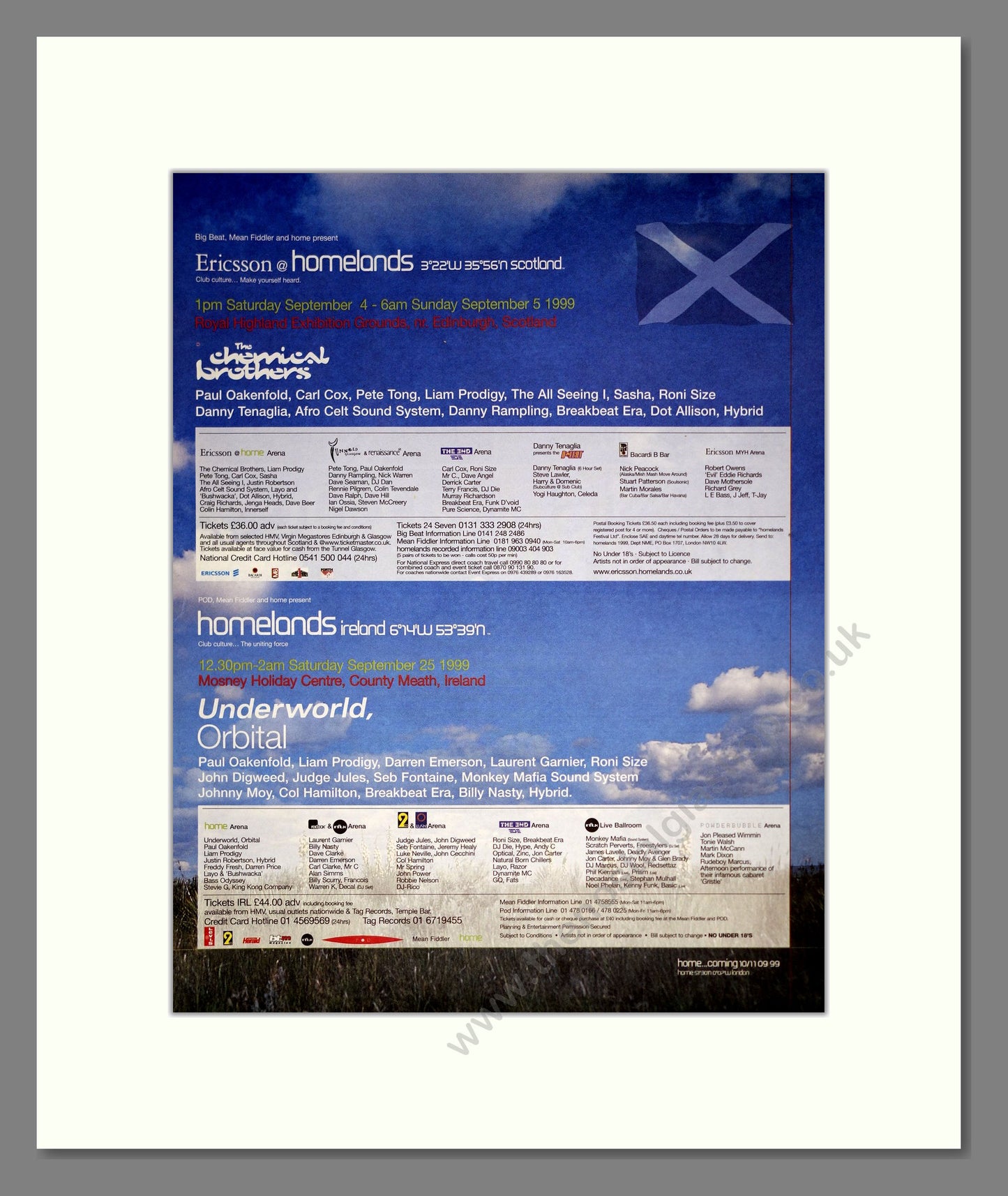 Homelands Festival - Line Up. Vintage Advert 1999 (ref AD20538) Double Advert