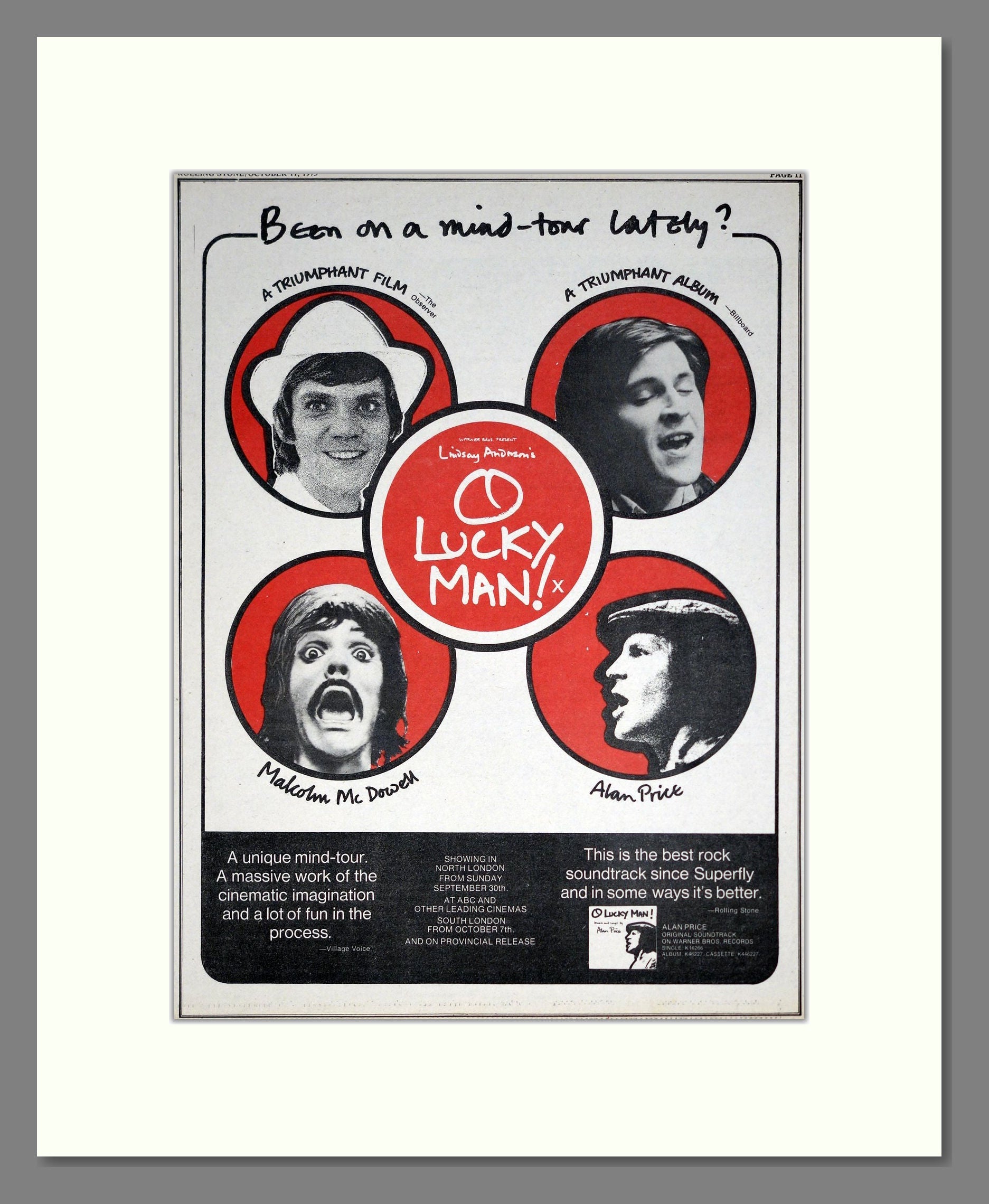 O Lucky Man - Soundtrack. Vintage Advert 1973 (ref AD20542)