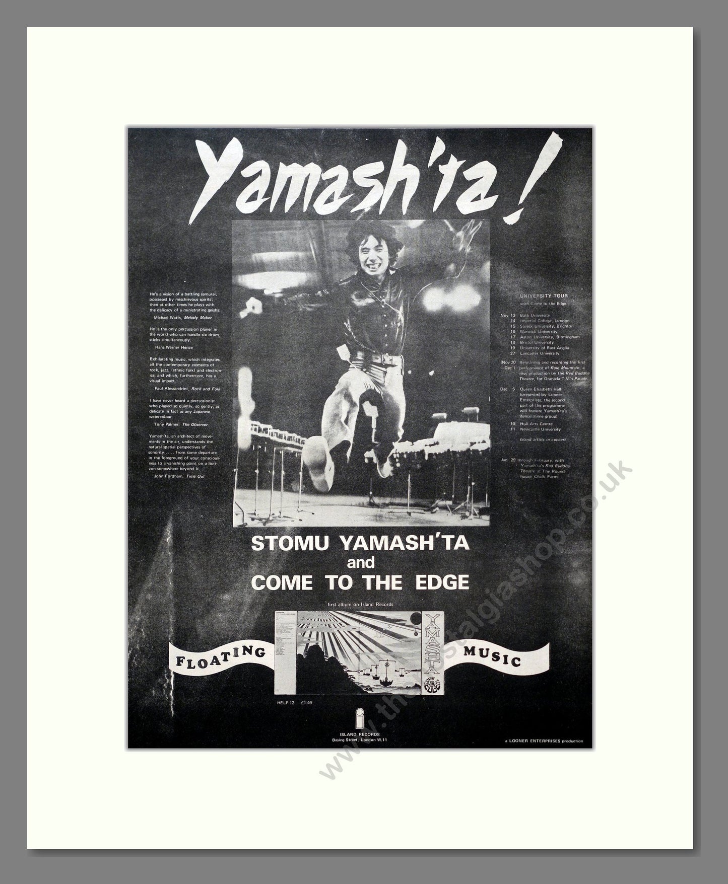 Yamash'ta - UK Tour. Vintage Advert 1972 (ref AD20656)