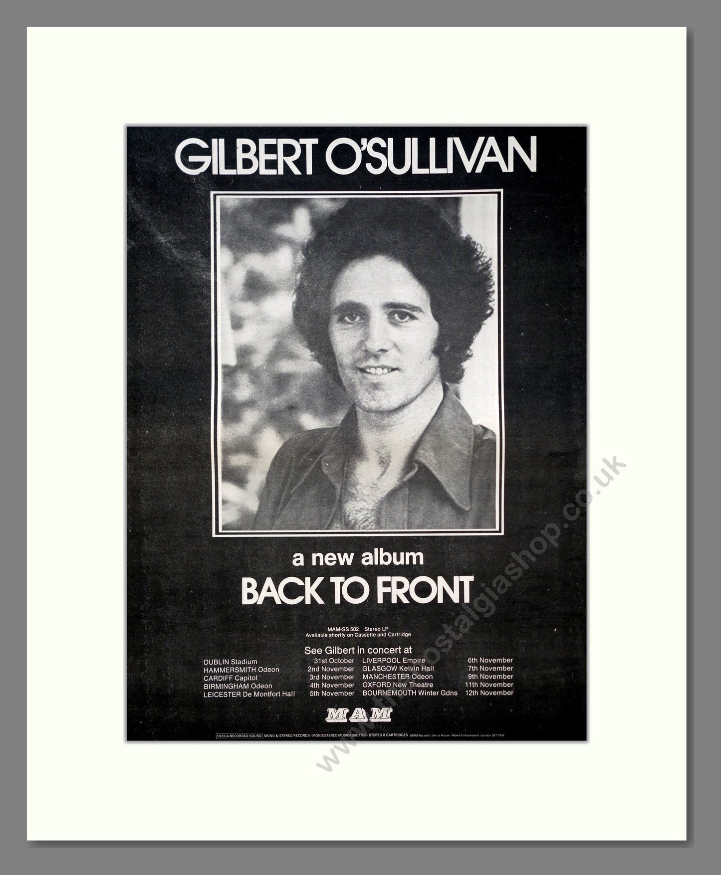 Gilbert O'Sullivan - Back To Front. Vintage Advert 1972 (ref AD20662)