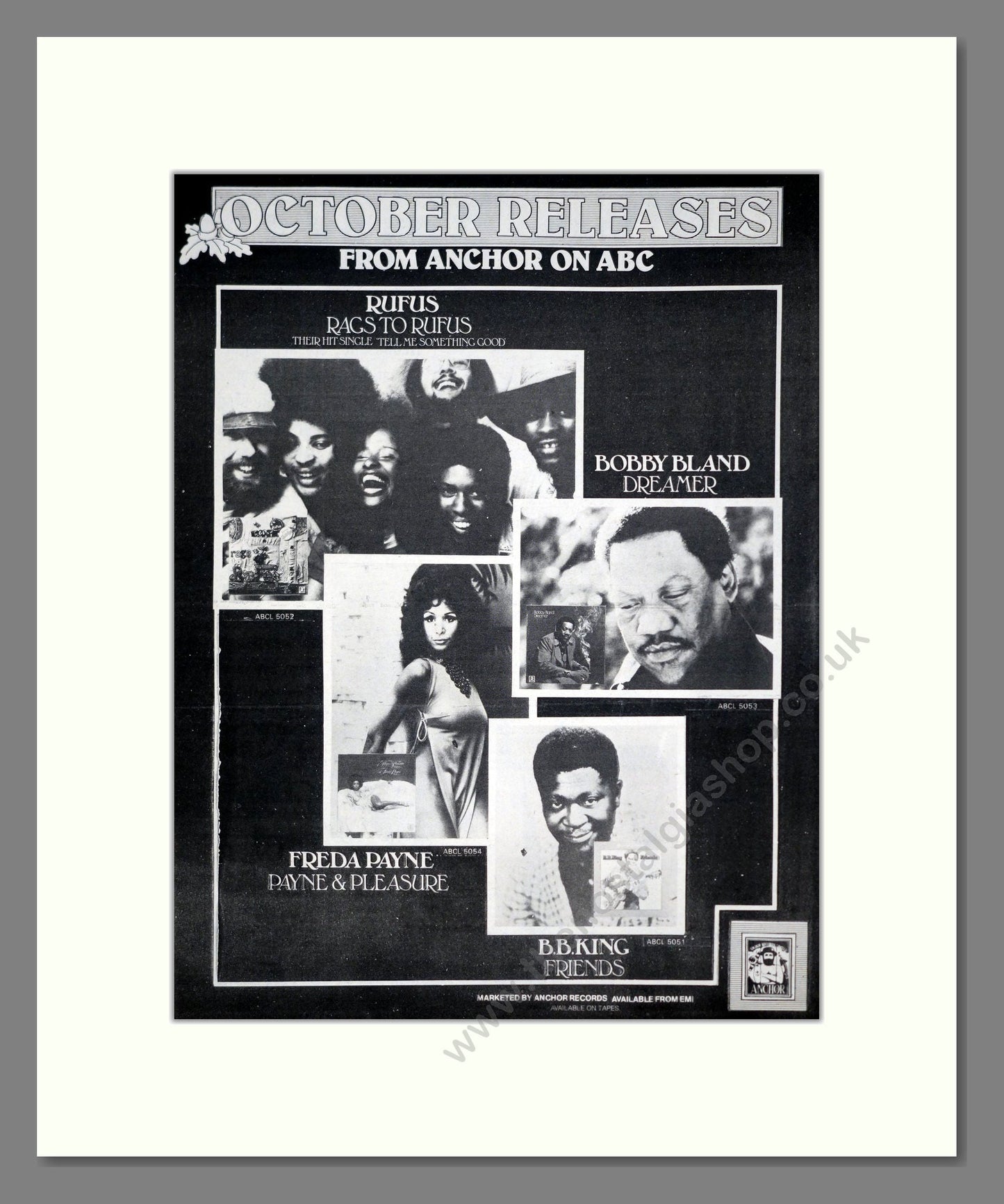 Rufus / Bobby Bland / Freda Payne / B.B. King - New Albums. Vintage Advert 1974 (ref AD20693)