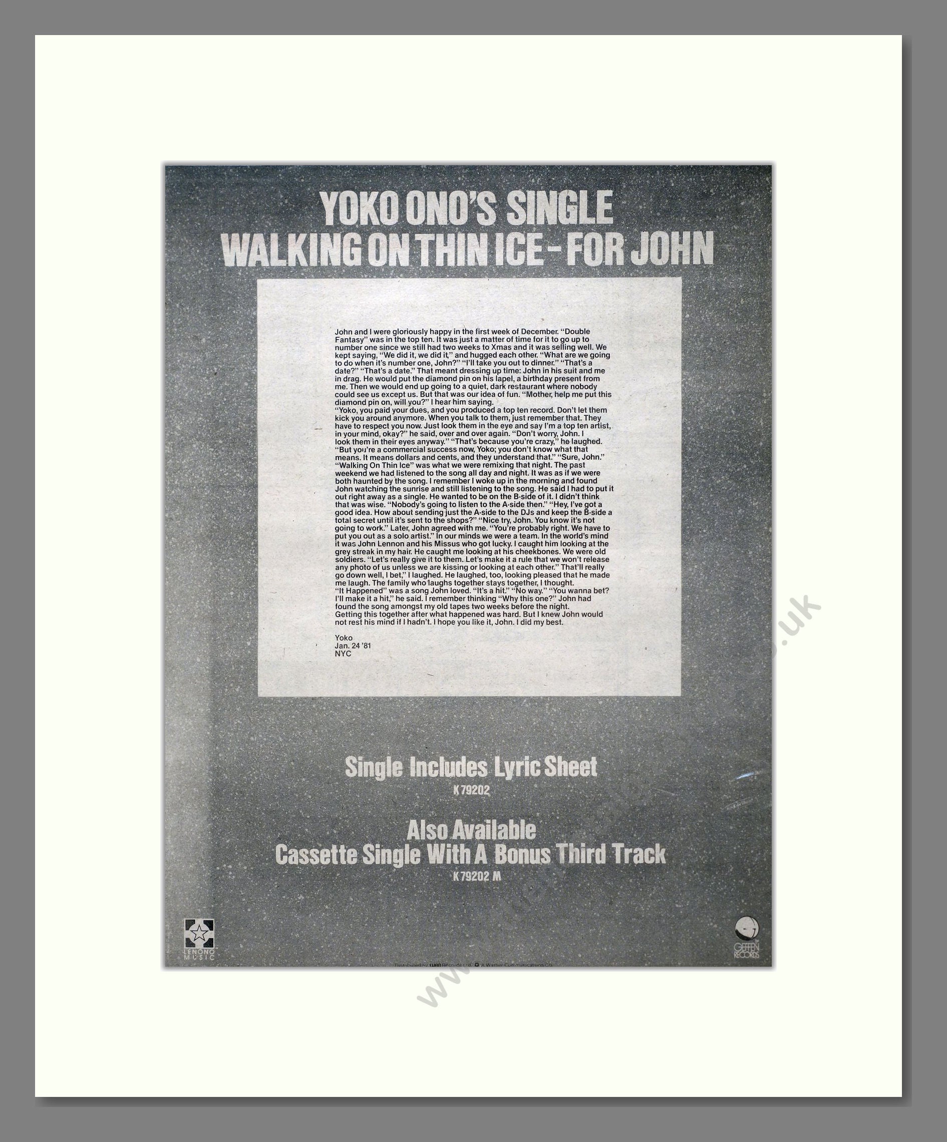 Yoko Ono - Walking On Thin Ice. Vintage Advert 1981 (ref AD20702)
