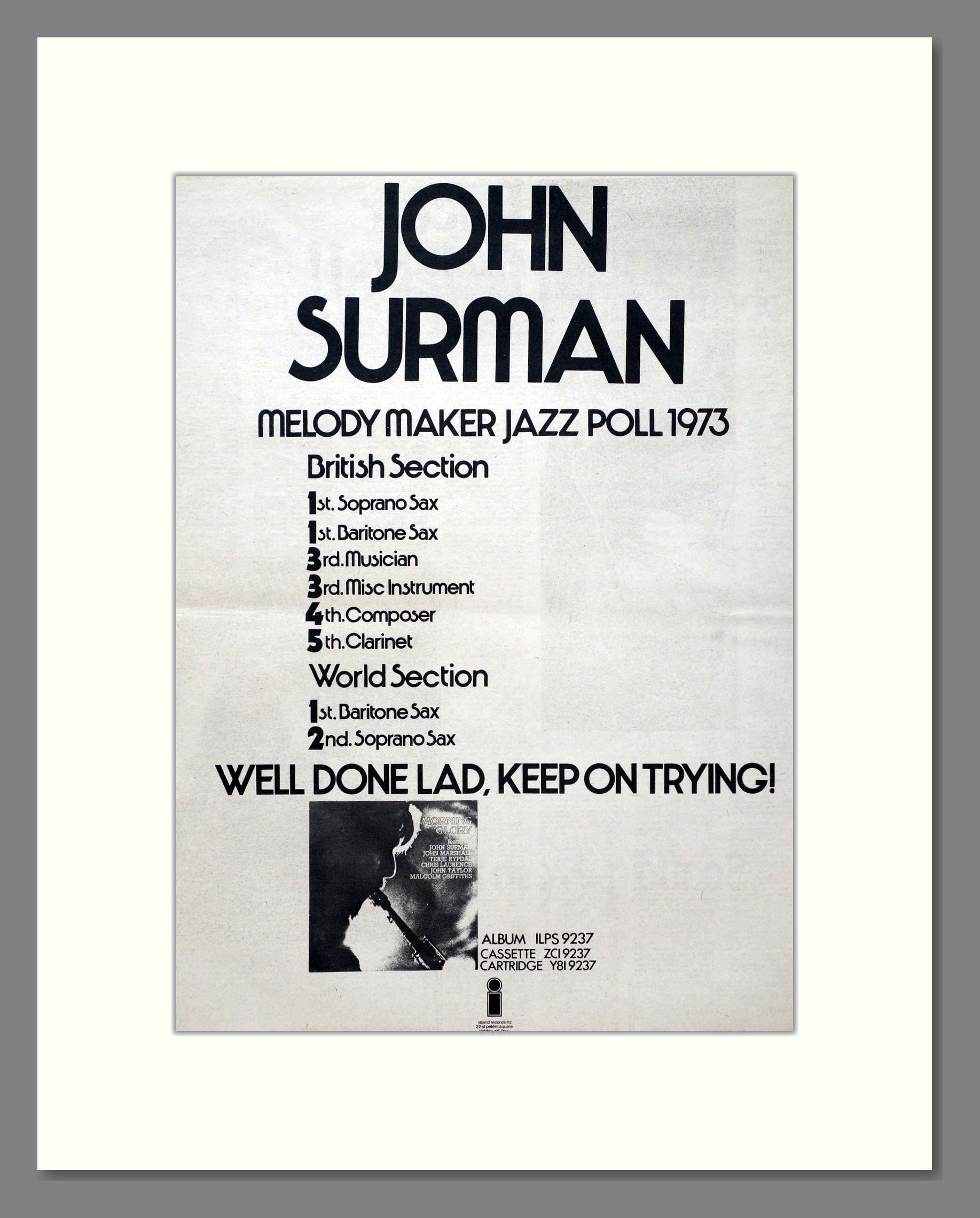 John Surman - Awards. Vintage Advert 1973 (ref AD20717)