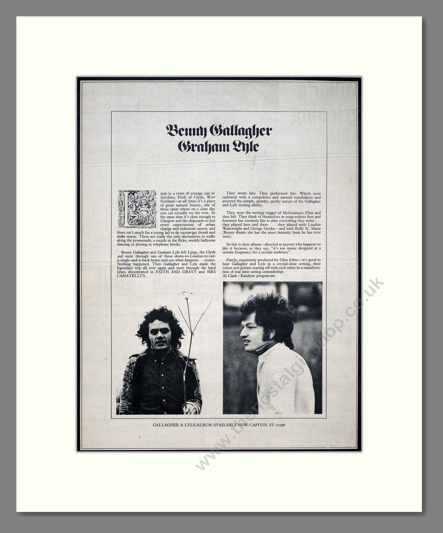 Benny Gallagher / Graham Lyle - New Album. Vintage Advert 1972 (ref AD20726)