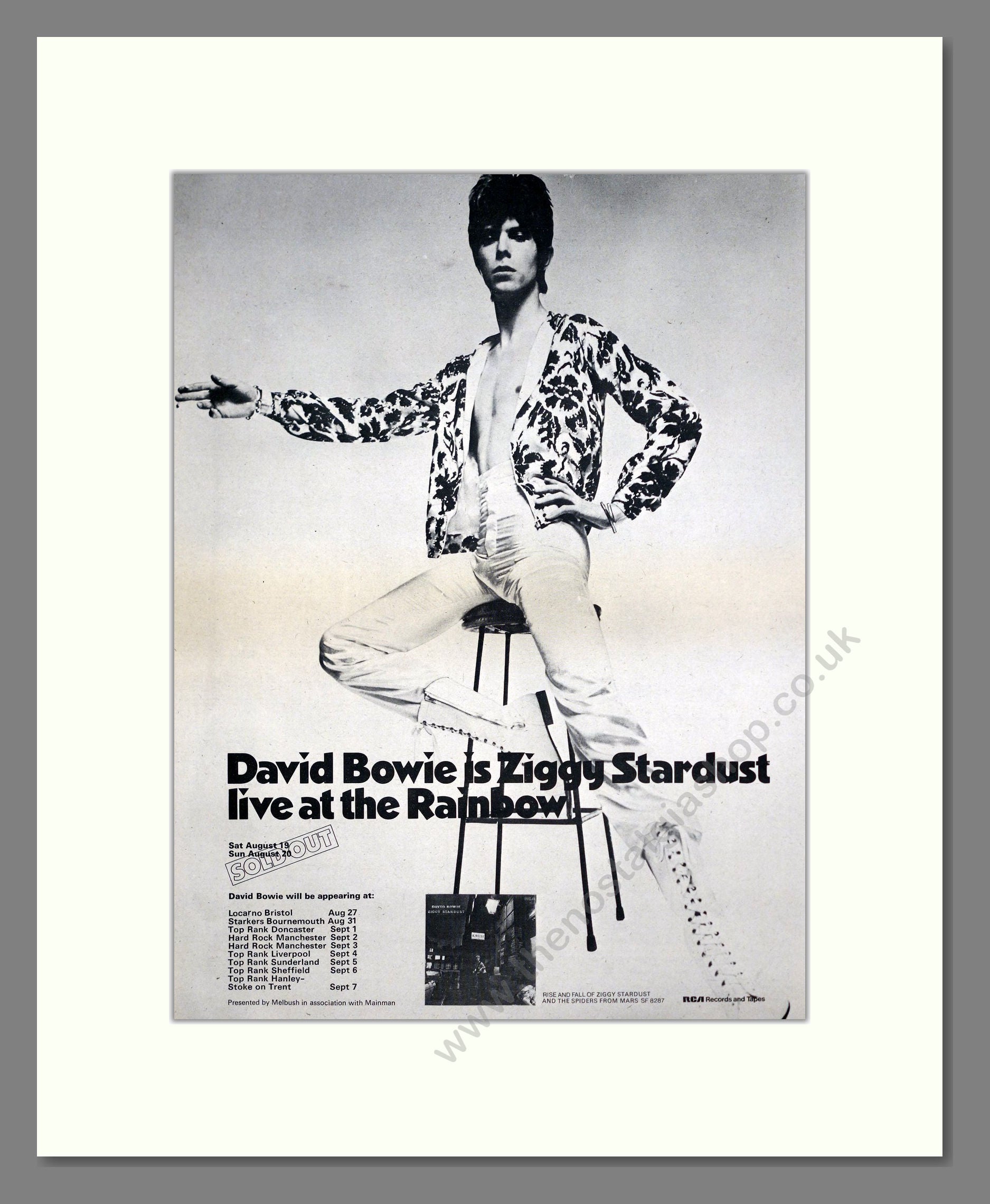 David Bowie - Ziggy Stardust Live At The Rainbow. Vintage Advert 1972 (ref AD20768)