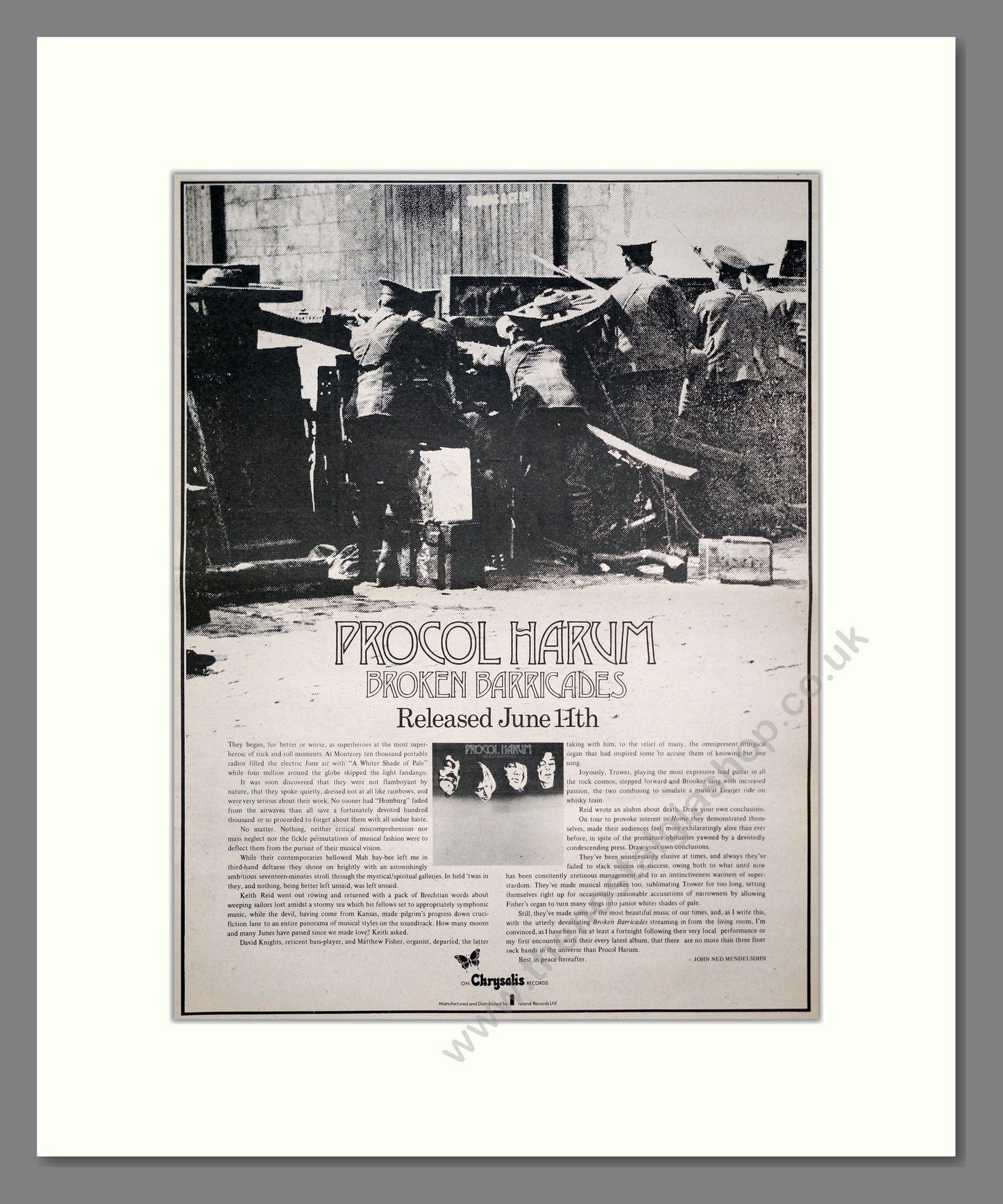 Procol Harum - Broken Barricades. Vintage Advert 1971 (ref AD20782)