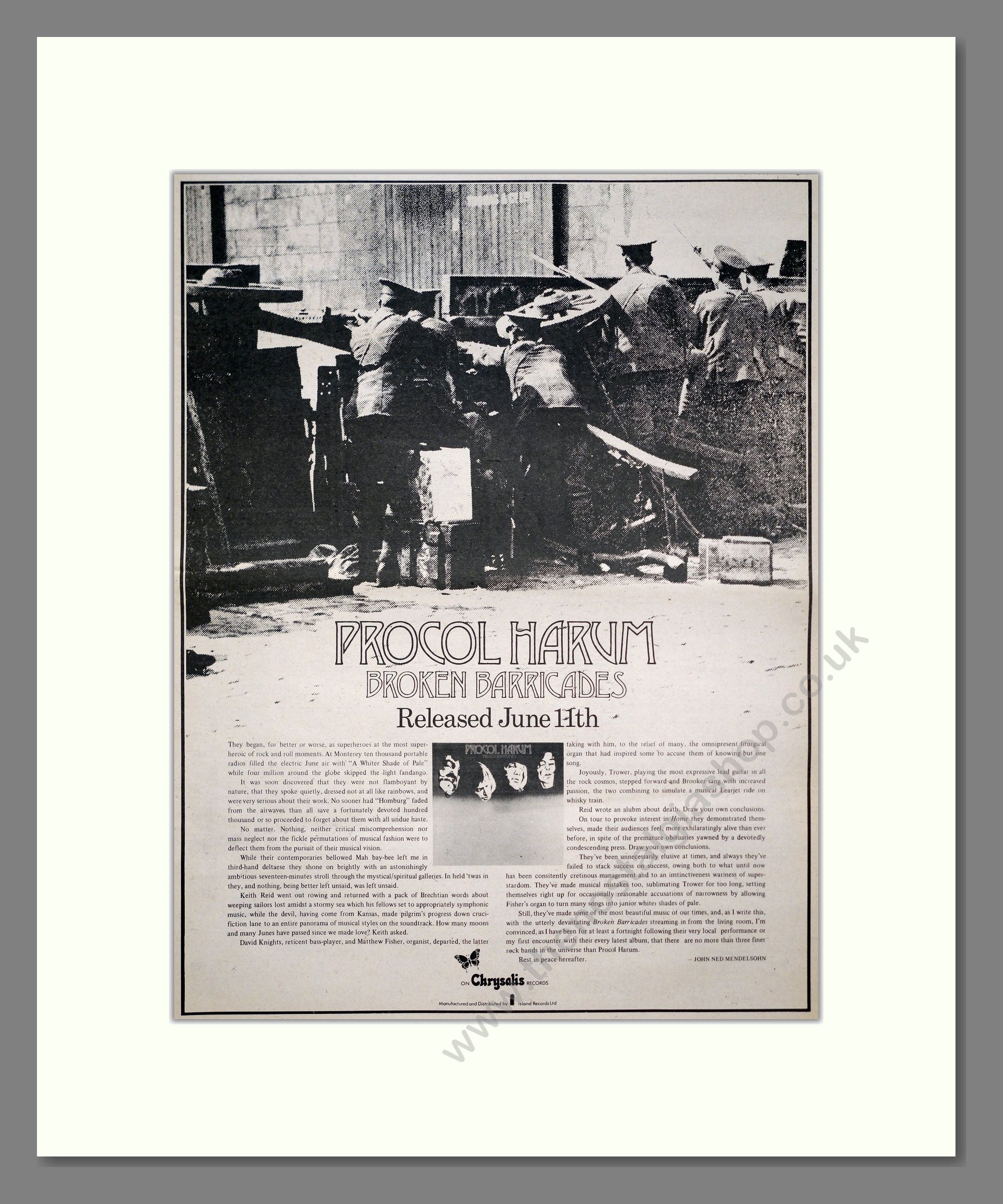 Procol Harum - Broken Barricades. Vintage Advert 1971 (ref AD20782)