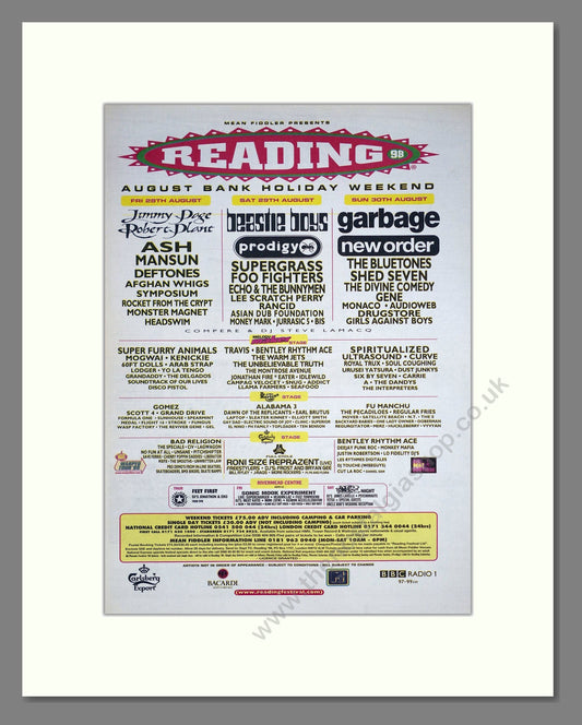 Reading Festival 98 - Line Up. Vintage Advert 1998 (ref AD20589)