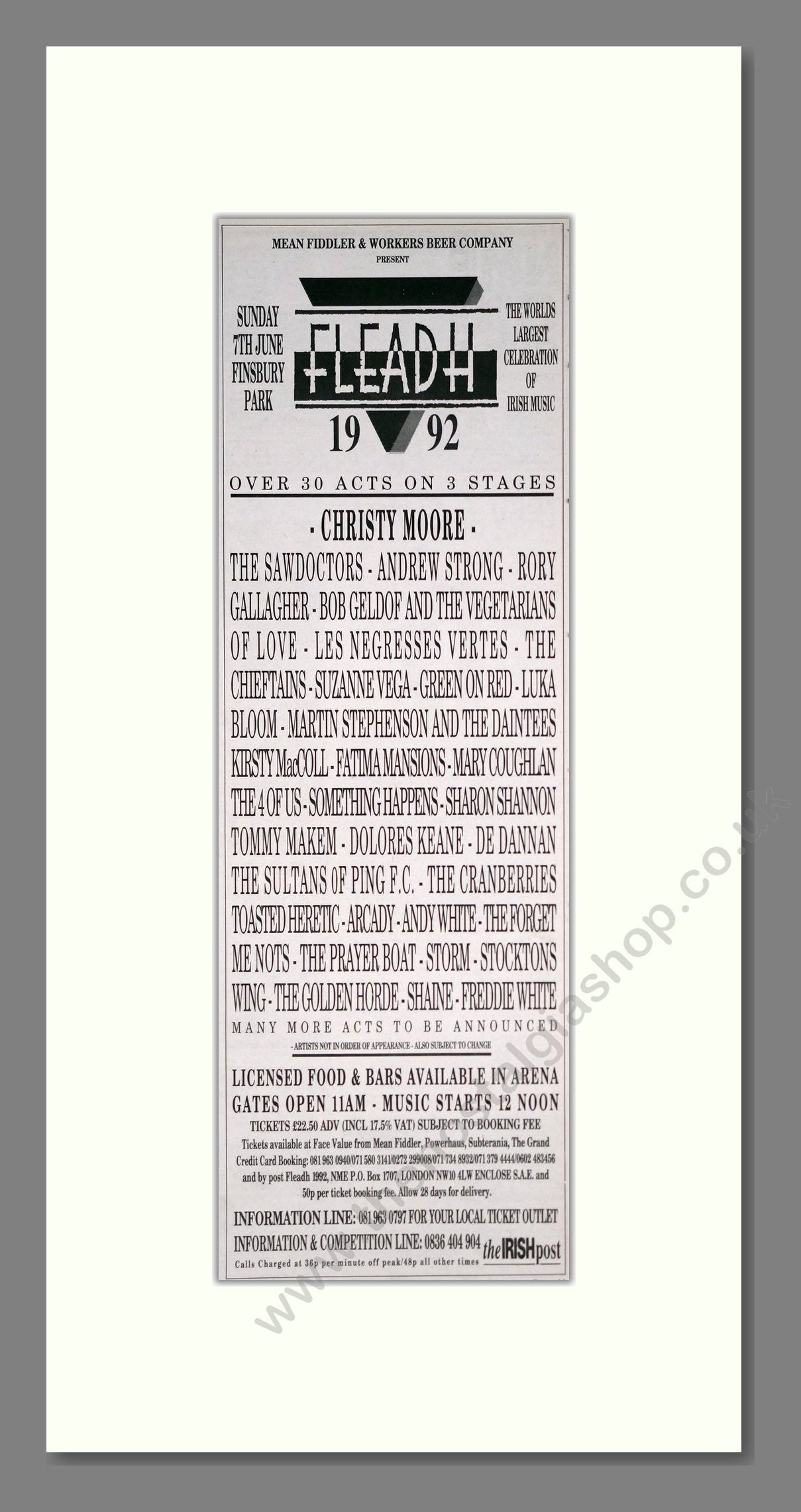 Fleadh Festival 92 - Line Up. Vintage Advert 1992 (ref AD201392)