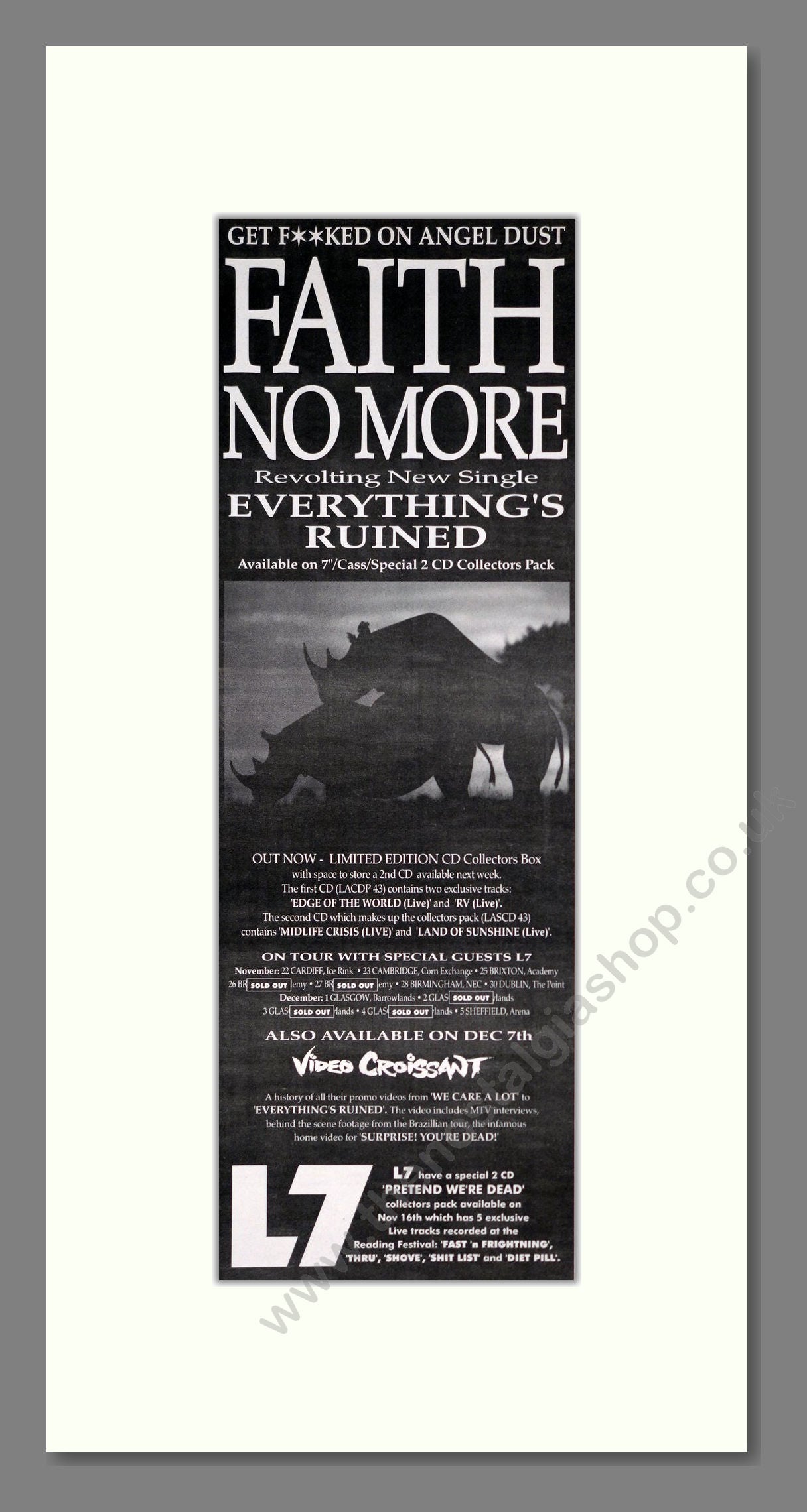 Faith No More - Everything's Ruined. Vintage Advert 1992 (ref AD201398)