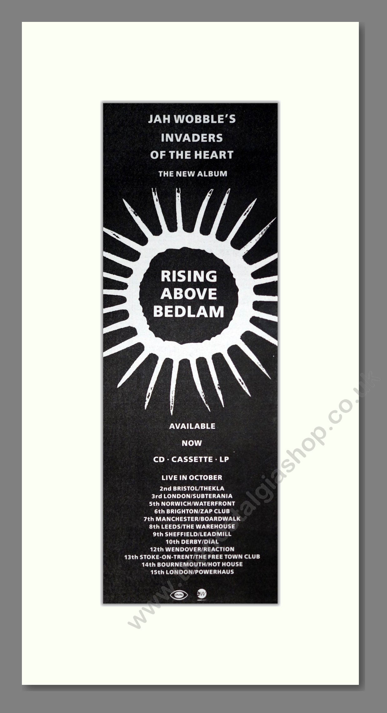 Jah Wobble - Rising Above Bedlam. Vintage Advert 1991 (ref AD201466)