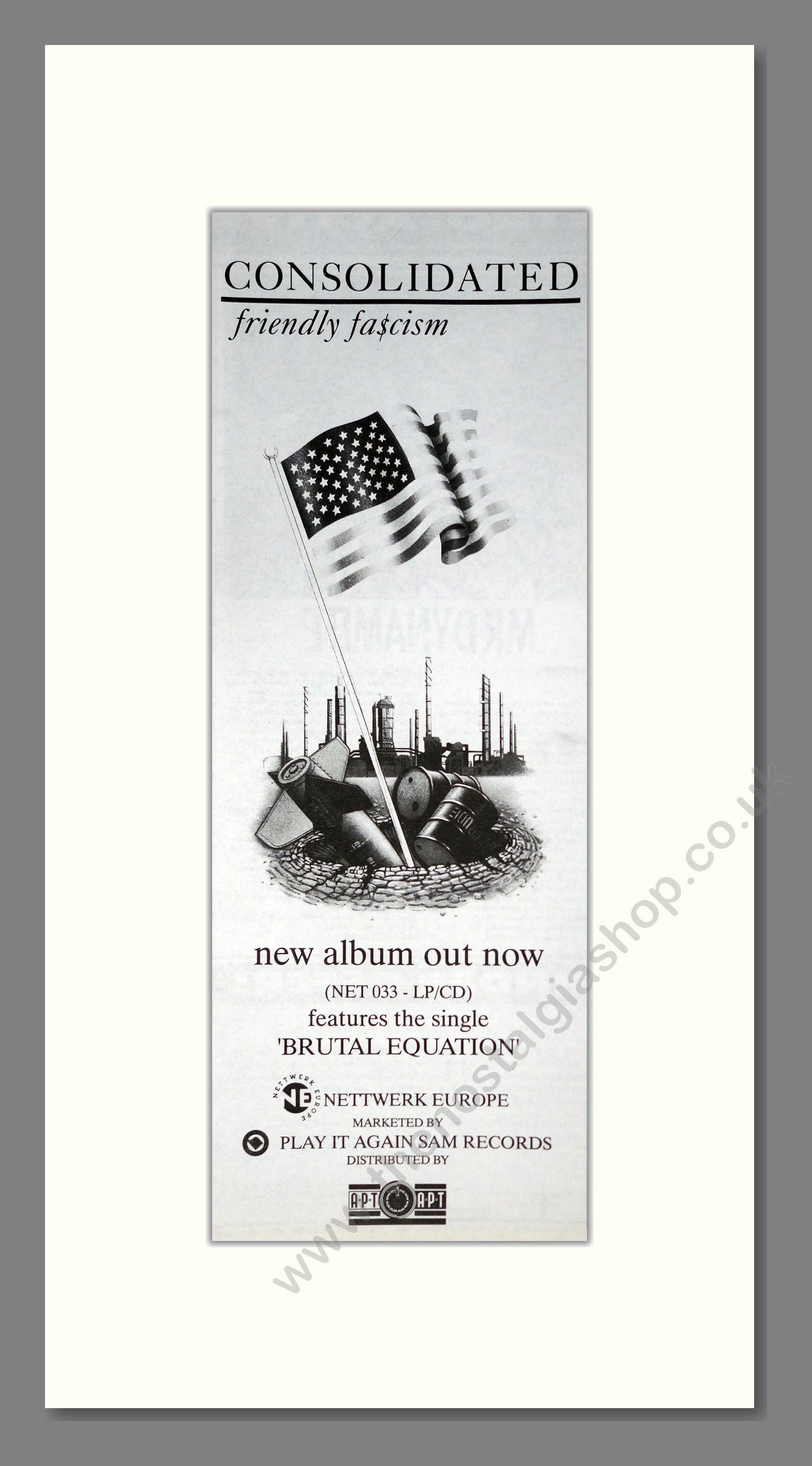 Consolidated - Friendly Fa$cism. Vintage Advert 1991 (ref AD201476)