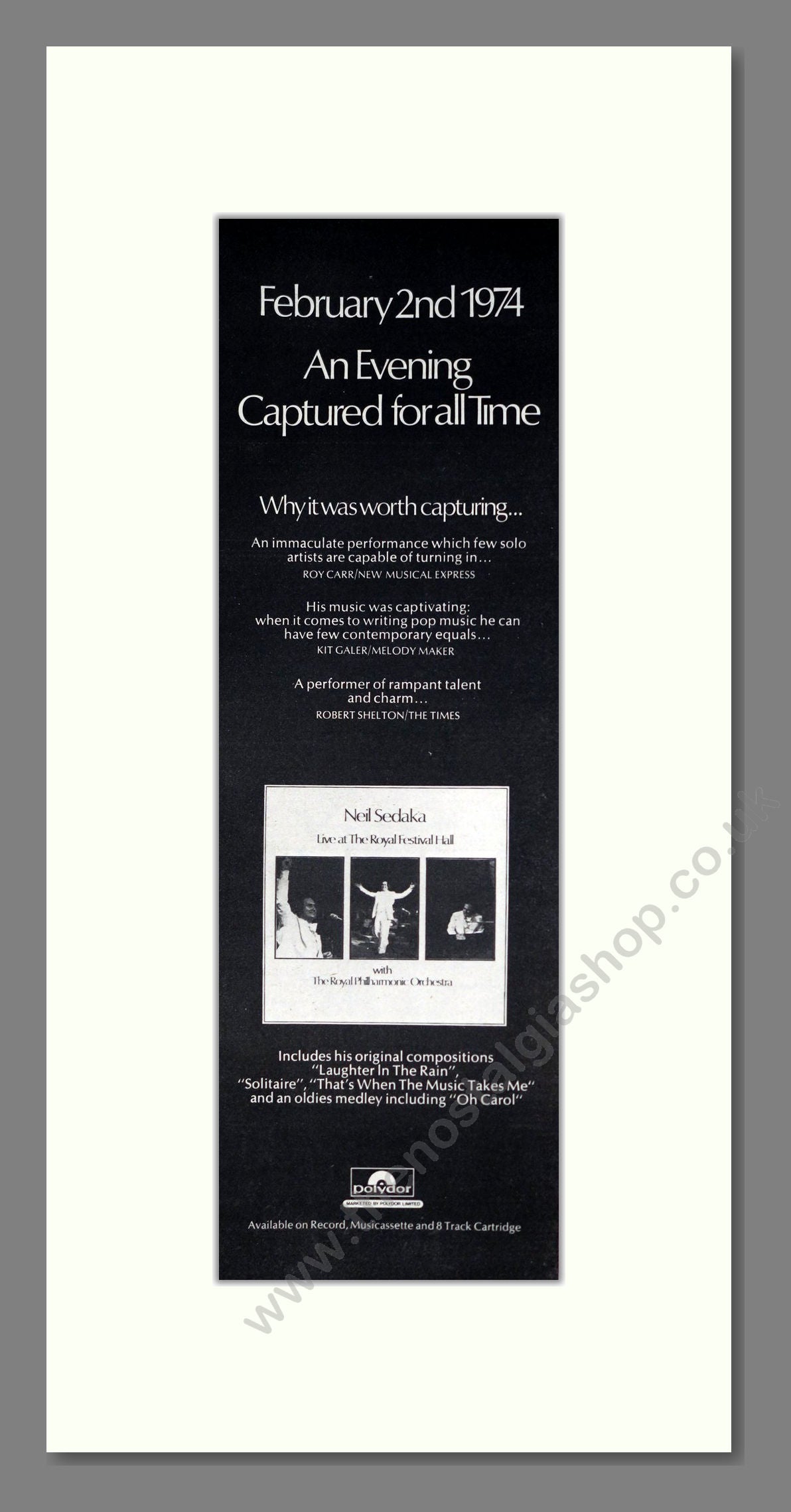 Neil Sedaka - Live At Royal Festival Hall. Vintage Advert 1974 (ref AD201495)