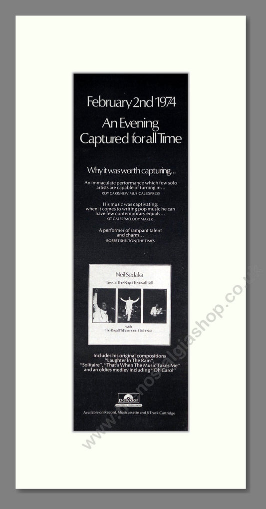 Neil Sedaka - Live At Royal Festival Hall. Vintage Advert 1974 (ref AD201495)