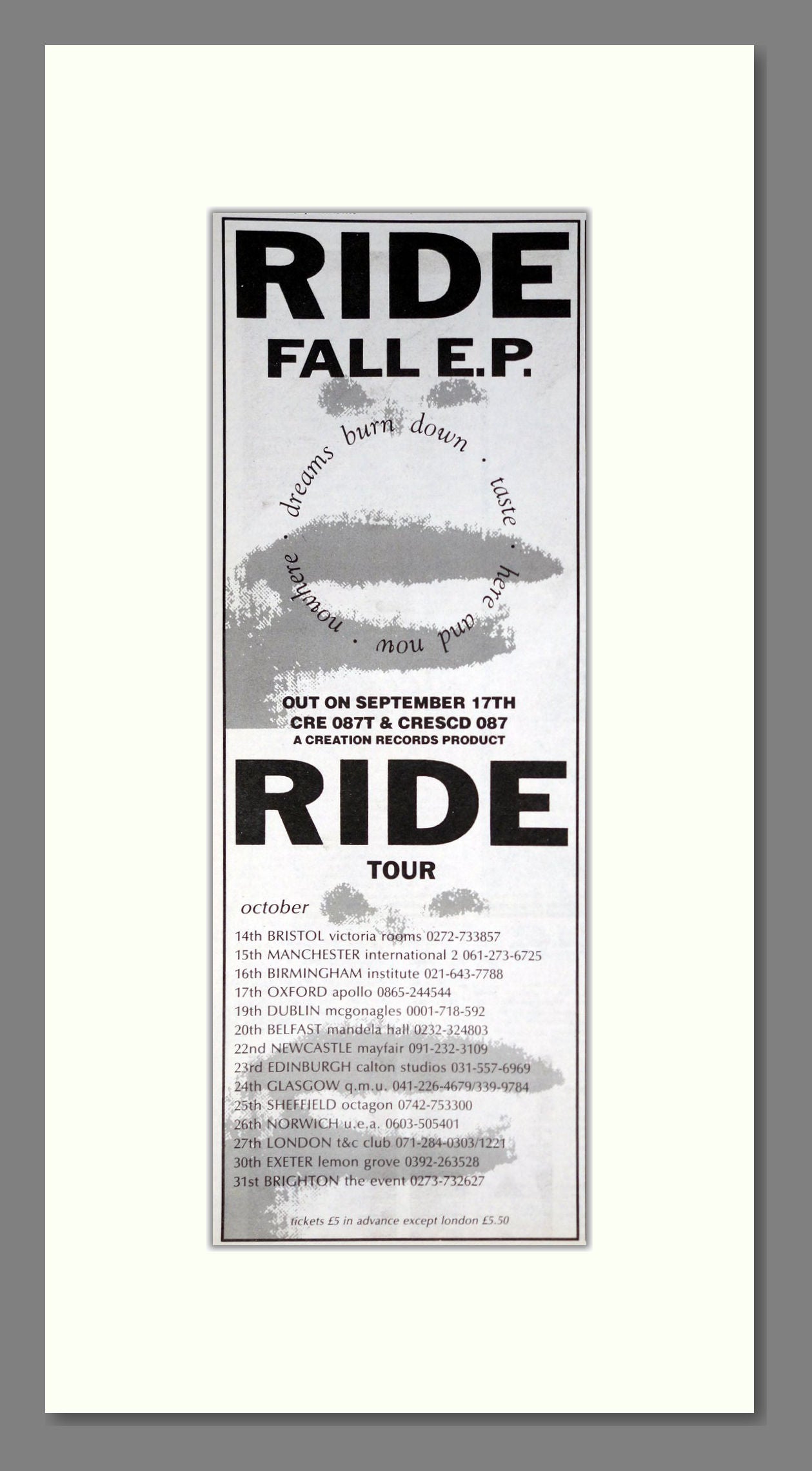 Ride - Fall EP. Vintage Advert 1990 (ref AD201498)