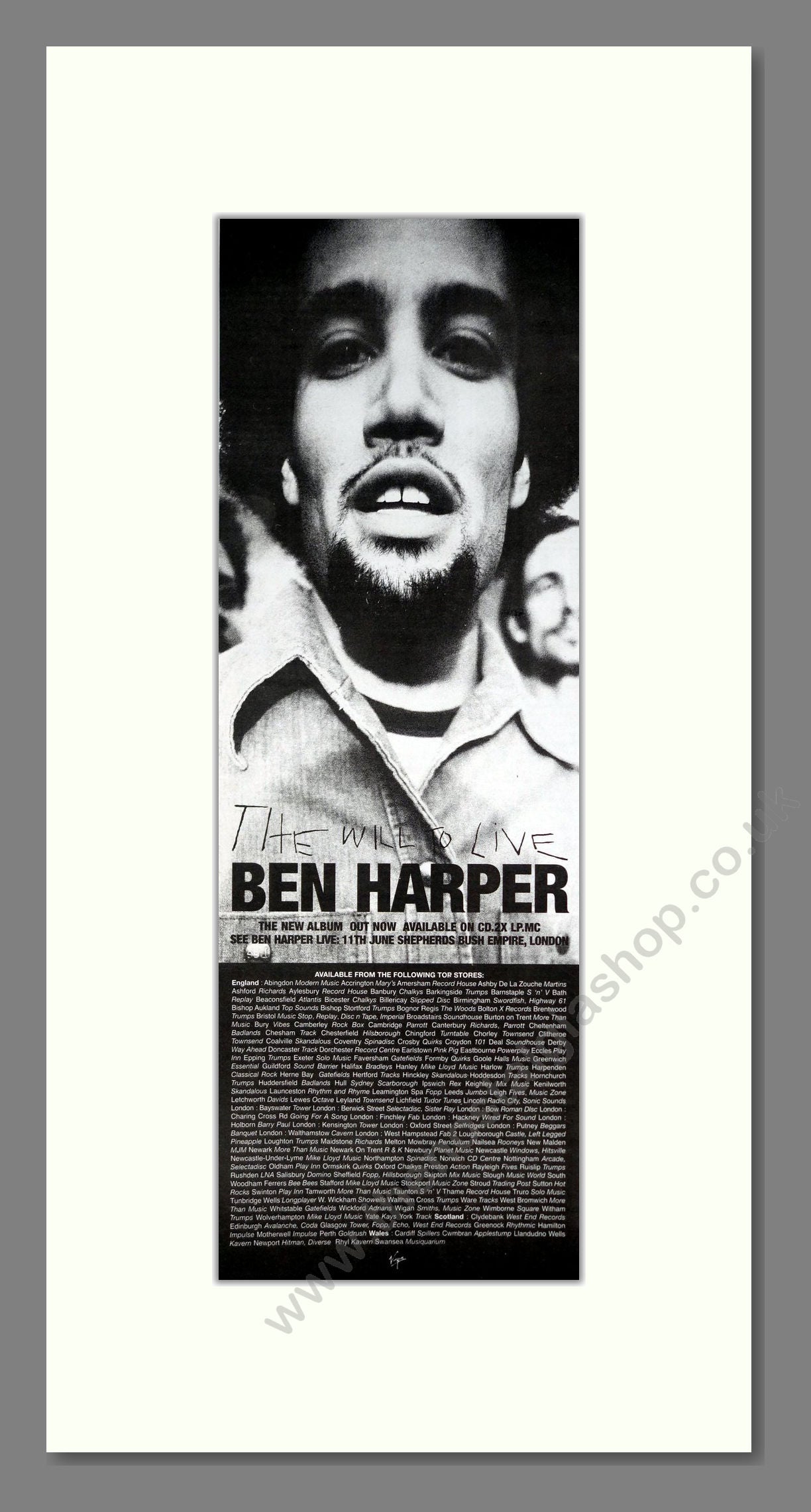Ben Harper - The Will To Live. Vintage Advert 1997 (ref AD201509)
