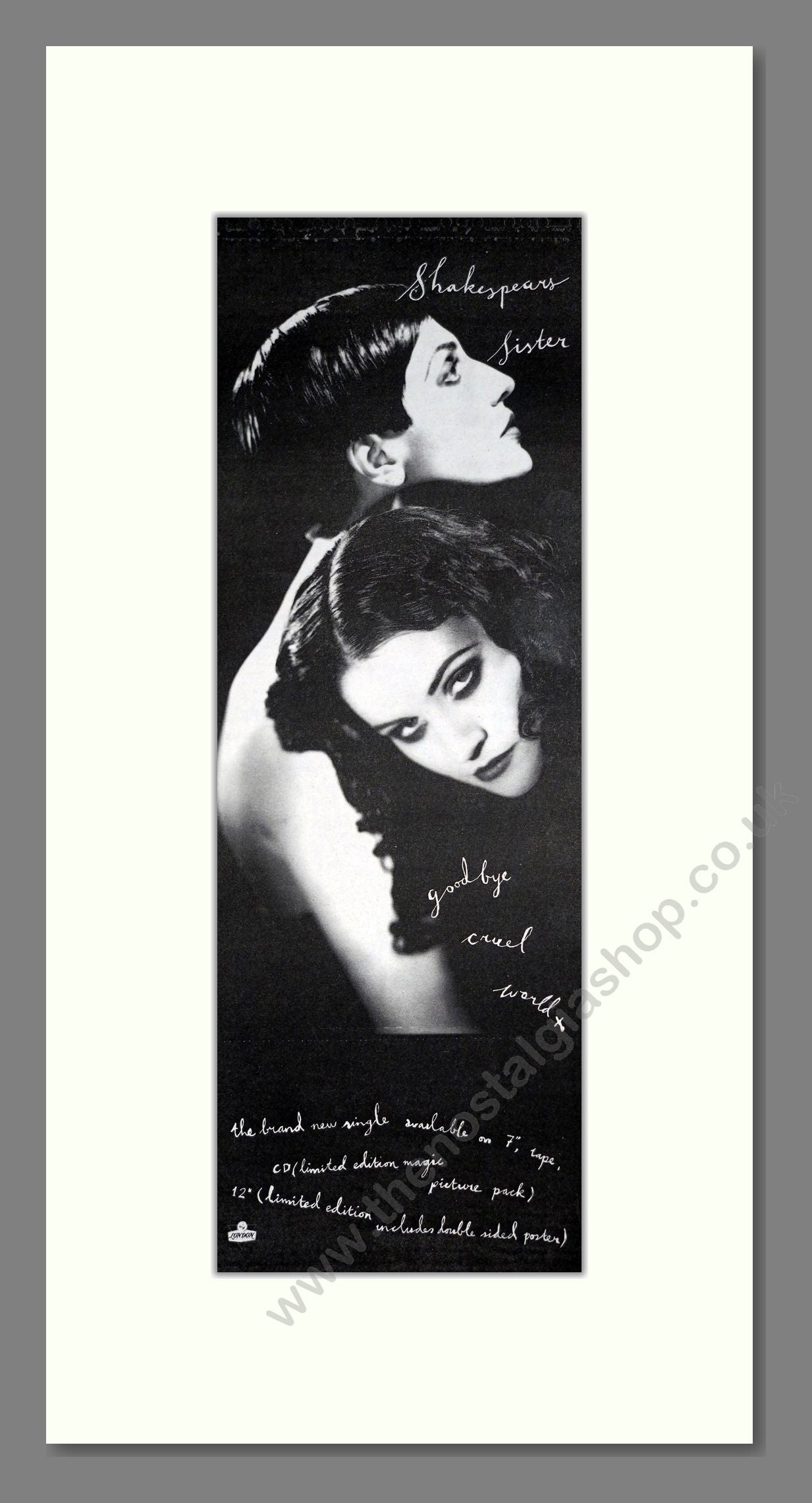 Shakespear's Sister - Goodbye Cruel World. Vintage Advert 1991 (ref AD201532)