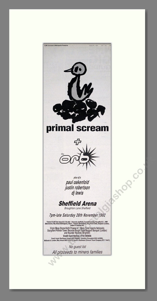Primal Scream / Orb - At Sheffield Arena. Vintage Advert 1992 (ref AD201543)