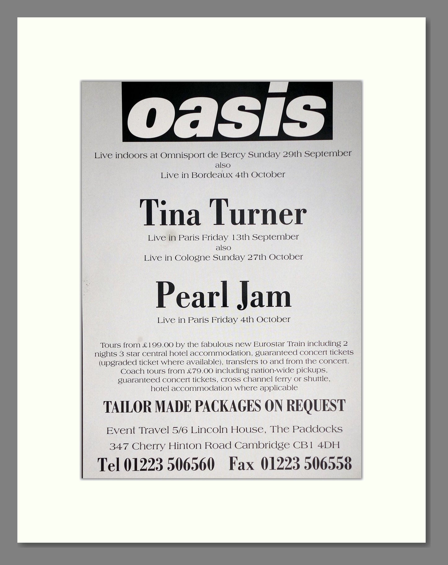 Oasis / Tina Turner / Pear Jam - French Concerts. Vintage Advert 1996 (ref AD63671)