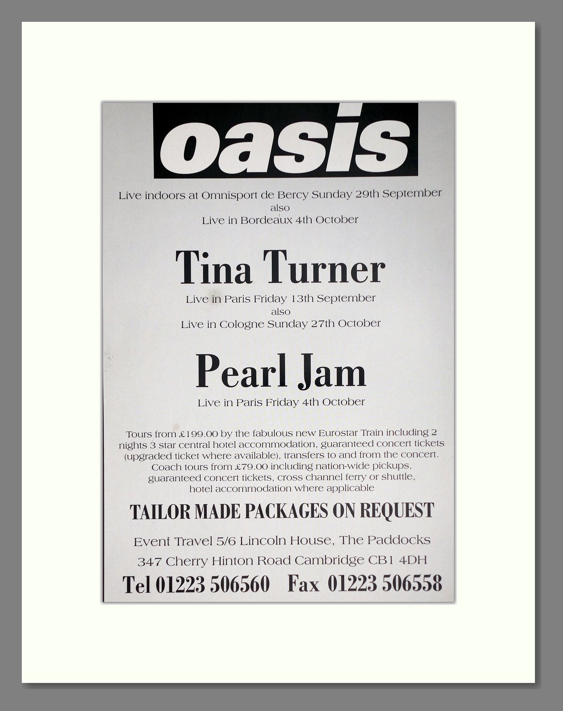 Oasis / Tina Turner / Pear Jam - French Concerts. Vintage Advert 1996 (ref AD63671)
