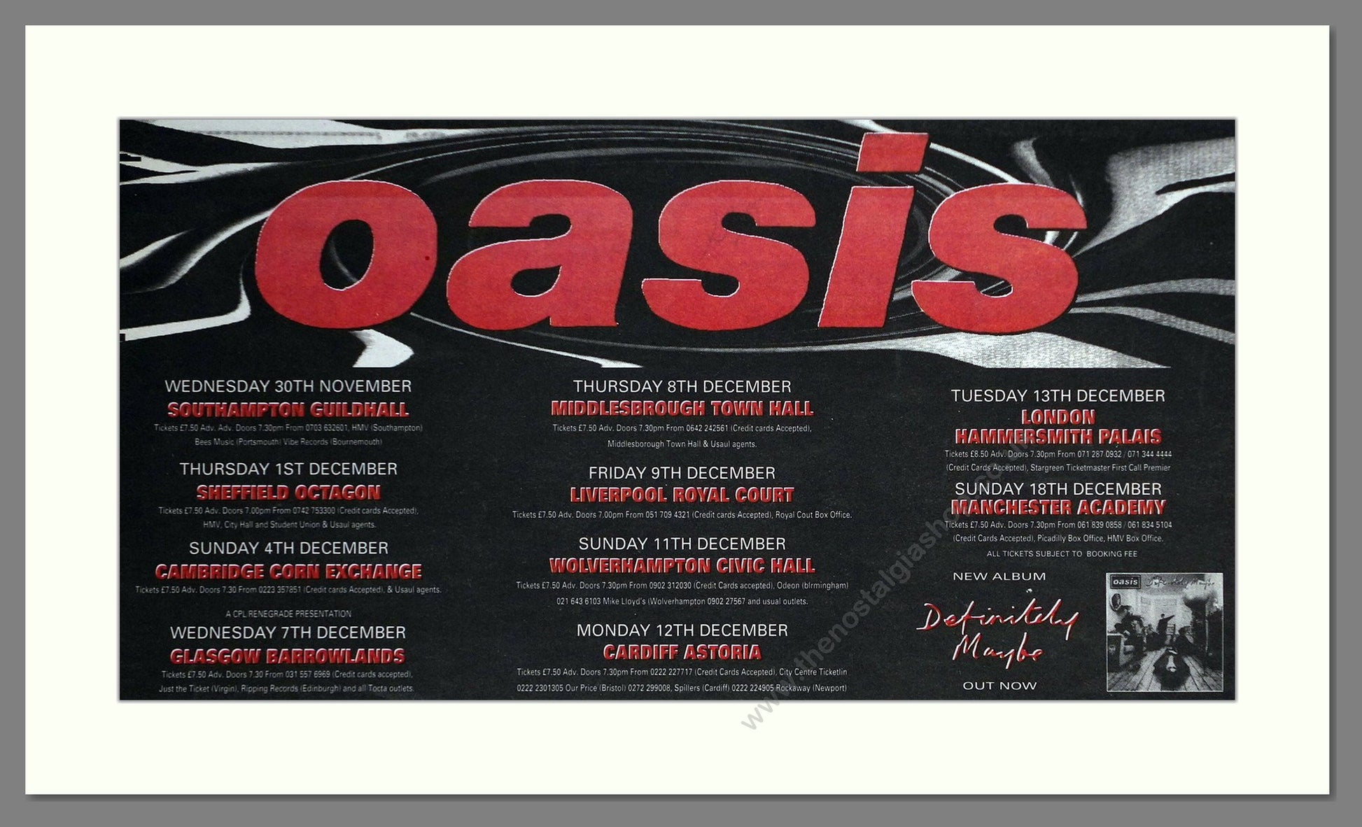 Oasis - UK Tour. Vintage Advert 1994 (ref AD63675)