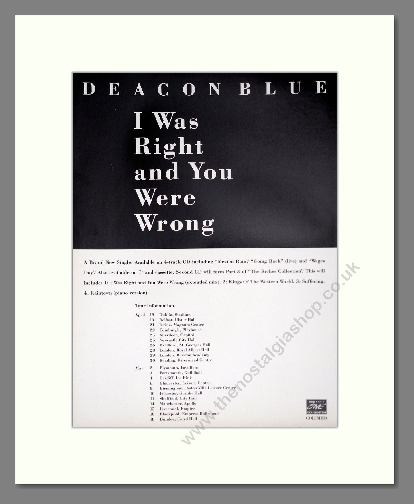 Deacon Blue - I Was Right And You Were Wrong. Vintage Advert 1994 (ref AD63736)