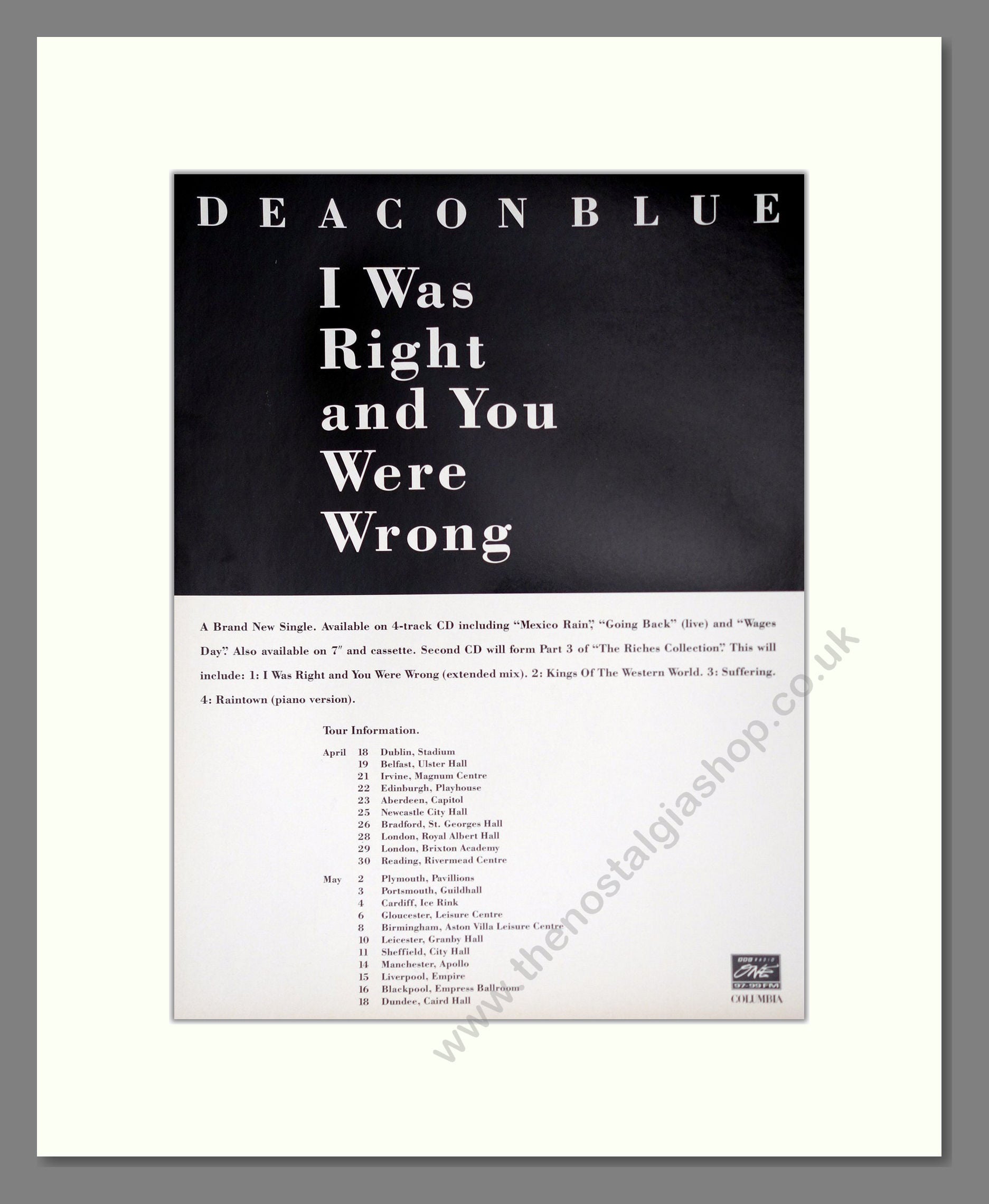 Deacon Blue - I Was Right And You Were Wrong. Vintage Advert 1994 (ref AD63736)