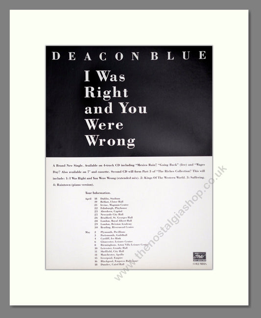 Deacon Blue - I Was Right And You Were Wrong. Vintage Advert 1994 (ref AD63736)