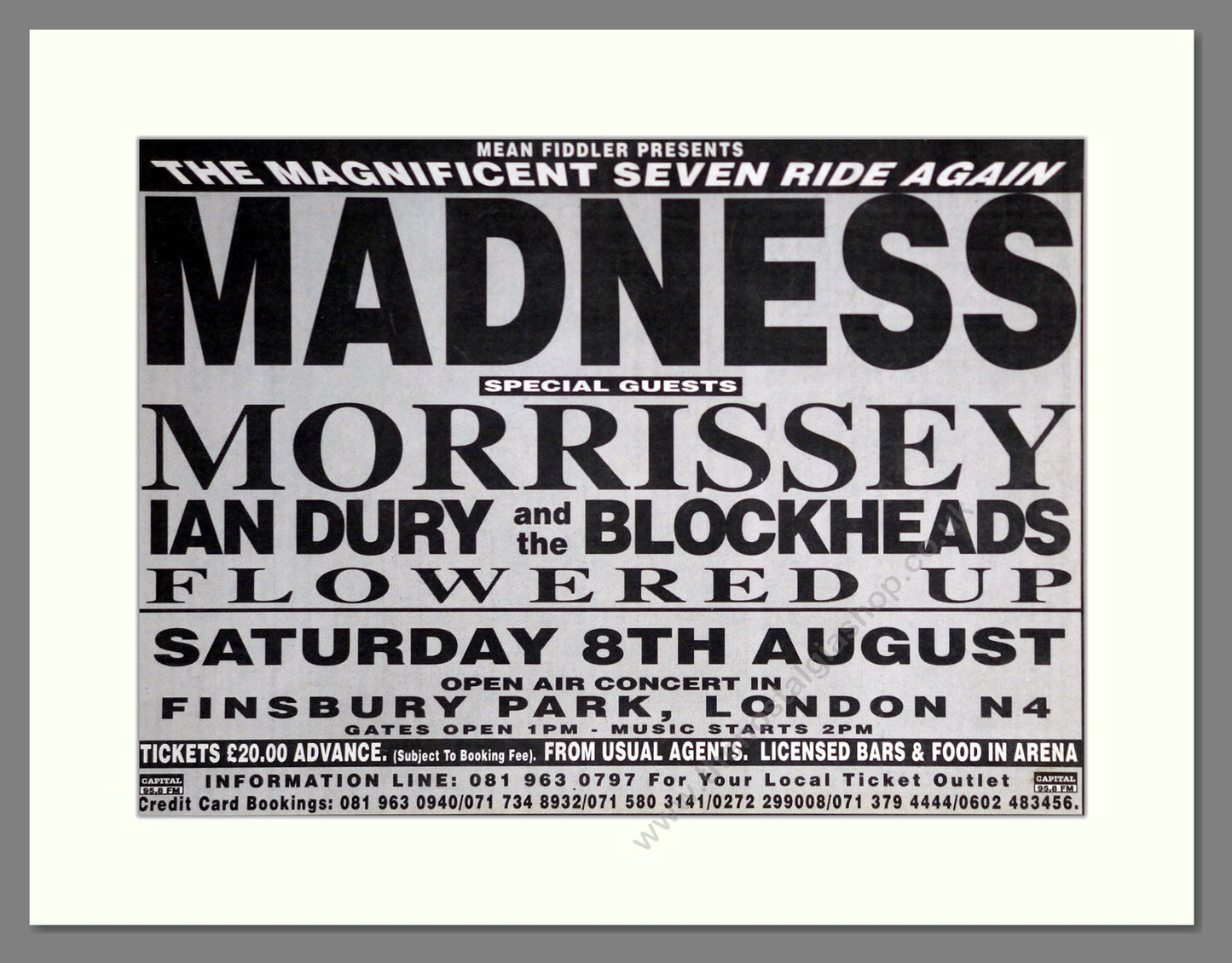 Madness / Morrissey / Ian Dury - Finsbury Park. Vintage Advert 1992 (ref AD63777)