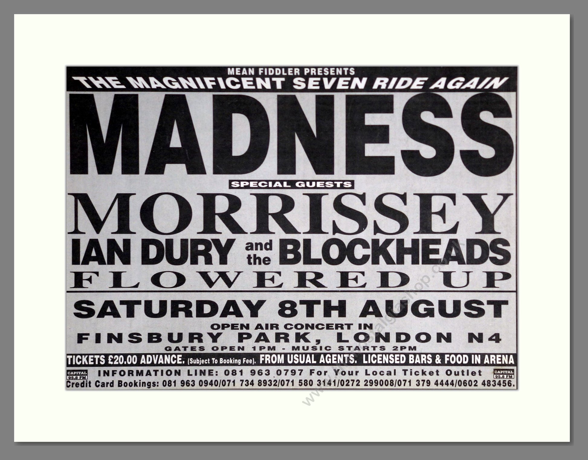 Madness / Morrissey / Ian Dury - Finsbury Park. Vintage Advert 1992 (ref AD63777)
