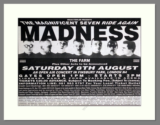 Madness / The Farm - Finsbury Park. Vintage Advert 1992 (ref AD63778)